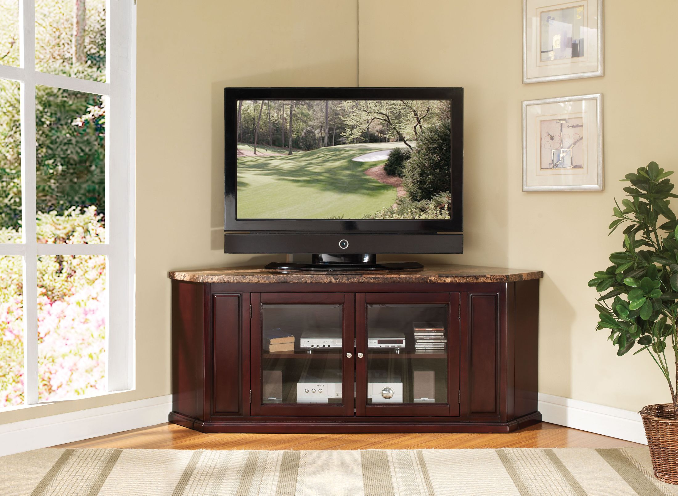 Nevin Faux Marble And Espresso Corner Tv Stand