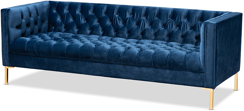 Baxton Studio Zanetta Glam And Luxe Navy Velvet Upholstered Gold Finished Sofa