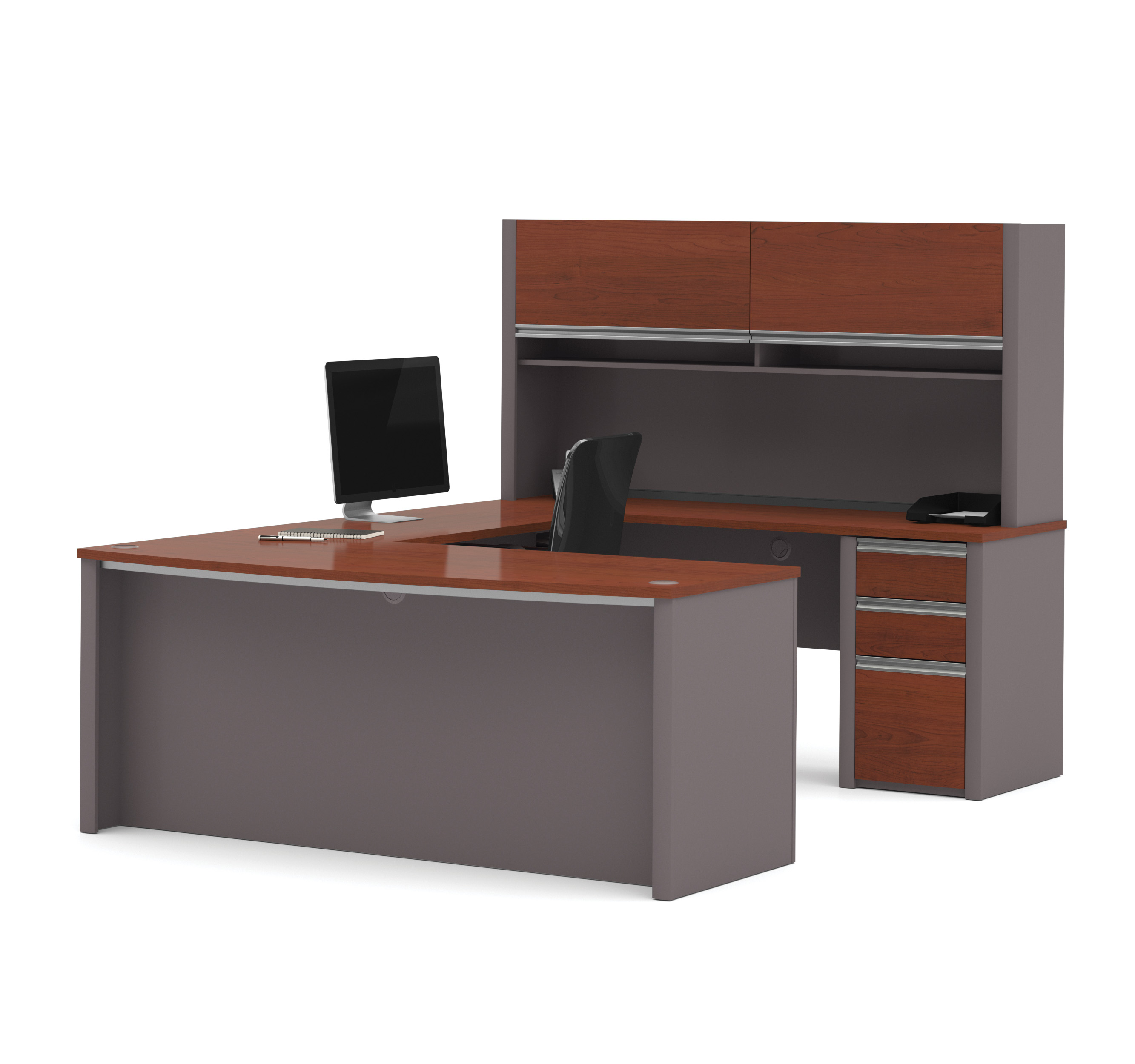Connexion Bordeaux Slate U Shaped Workstation Set With Hutch And Small Pedestal