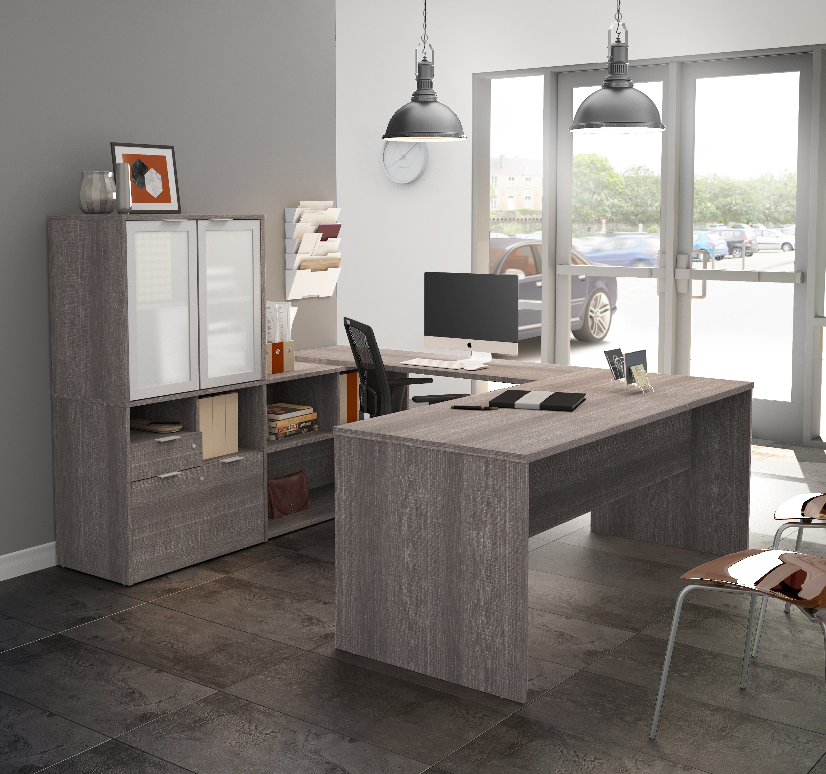 Bestar I3 Plus U Desk With Frosted Glass Door Hutch In Bark Gray I3 Plus U Desk With Frosted Glass Door Hutch In Bark Gray Main Image