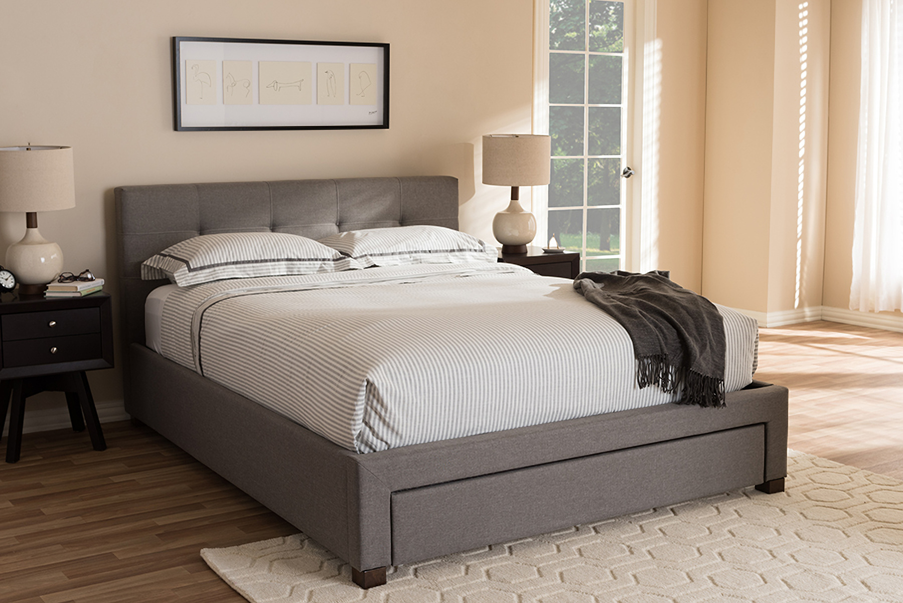 Baxton Studio Brandy Modern And Contemporary Grey Fabric Upholstered King Size Platform Bed With Storage Drawer