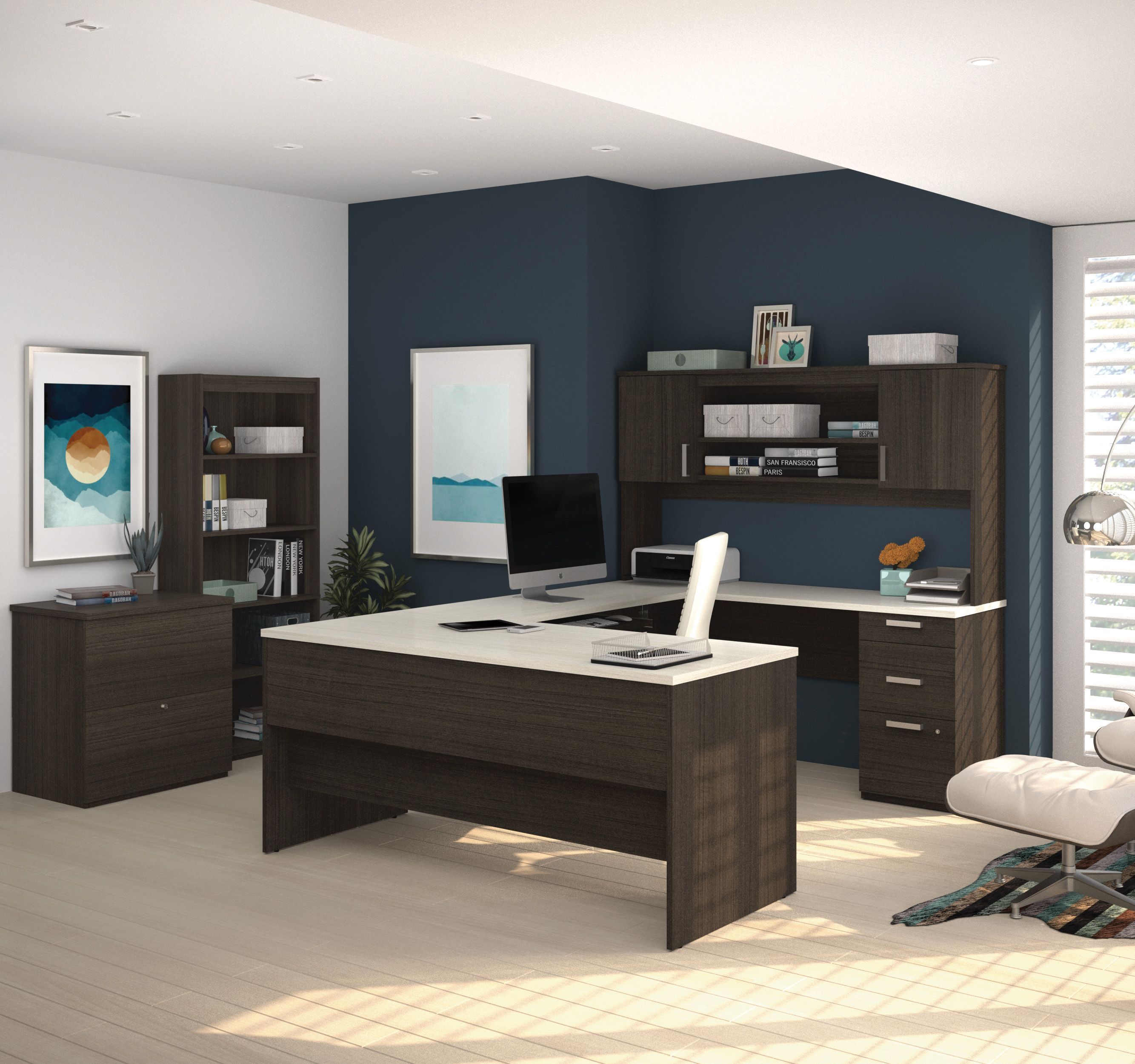 Ridgeley Dark Chocolate And White U Shaped Desk With Lateral File Bookcase