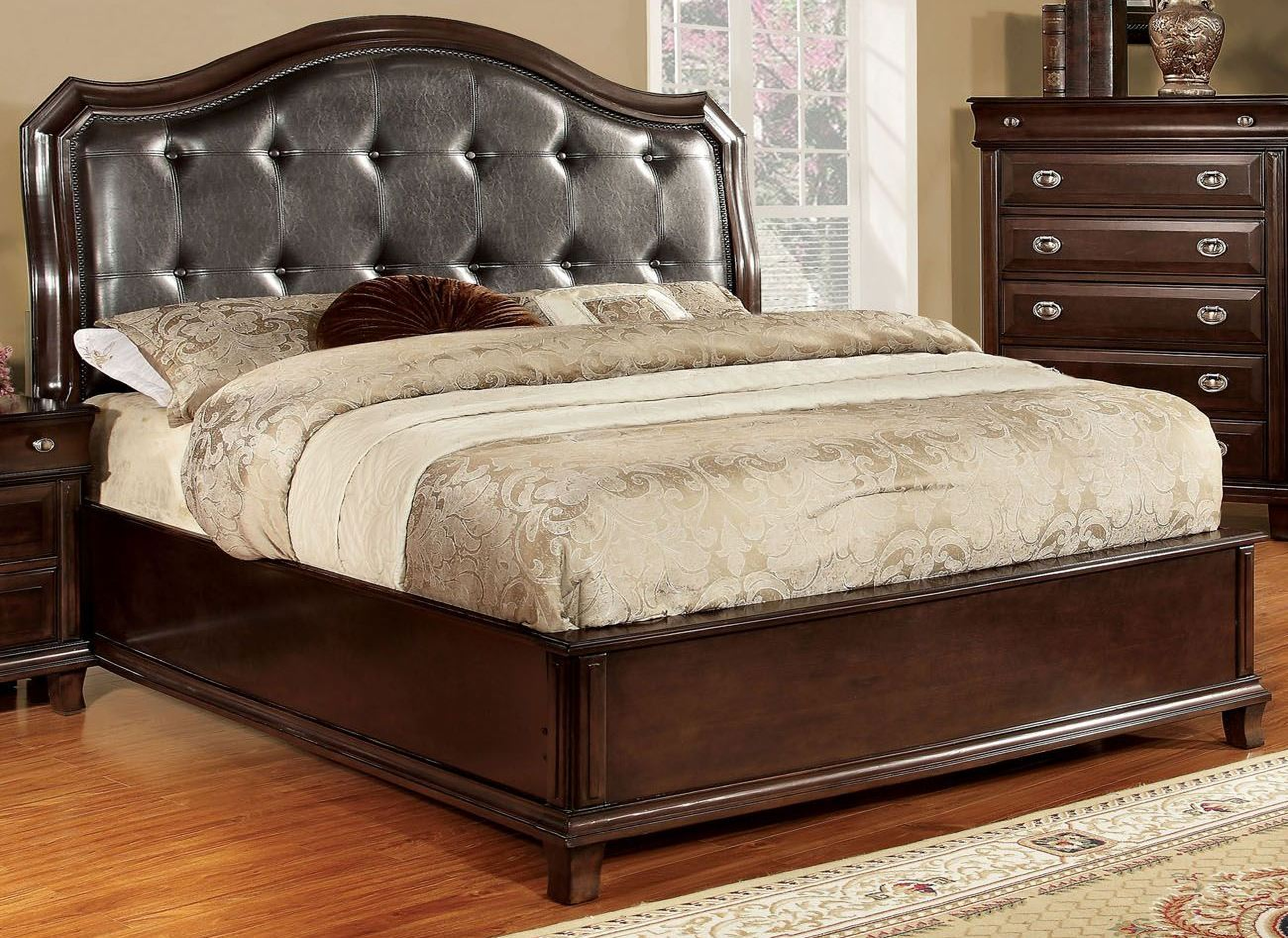 Furniture Of America Arden Brown Cherry Faux Leather King Bed Arden Brown Cherry Faux Leather King Bed