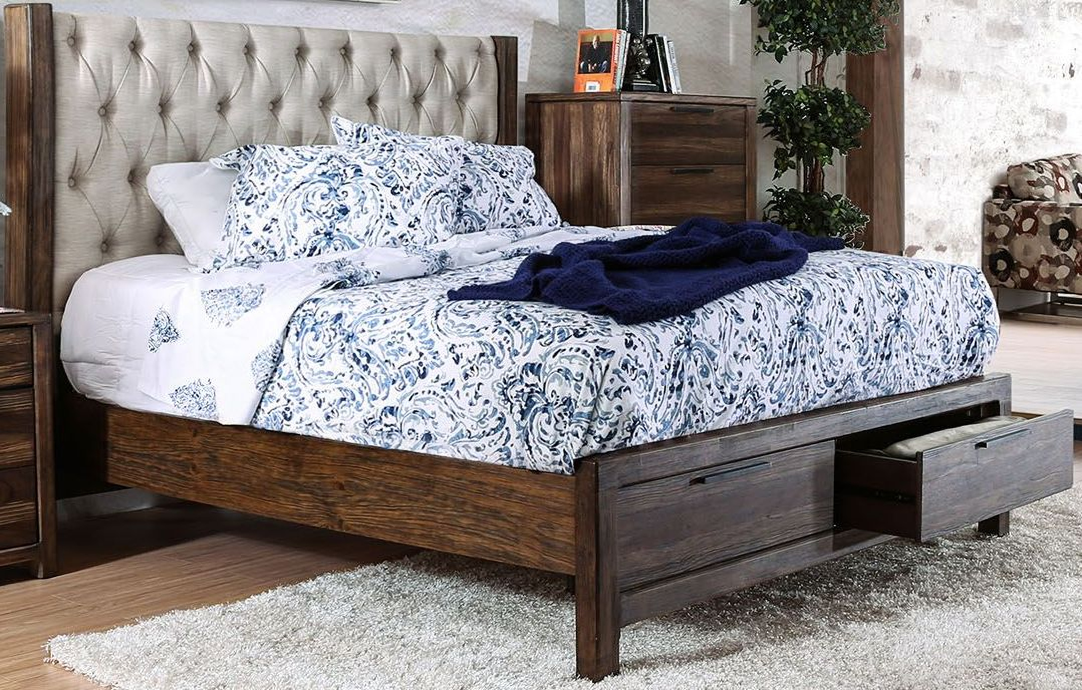 Hutchinson Rustic Natural Tone King Bed Upholstered Panel Storage Hutchinson Rustic Natural Tone King Bed Upholstered Panel Storage Main Image