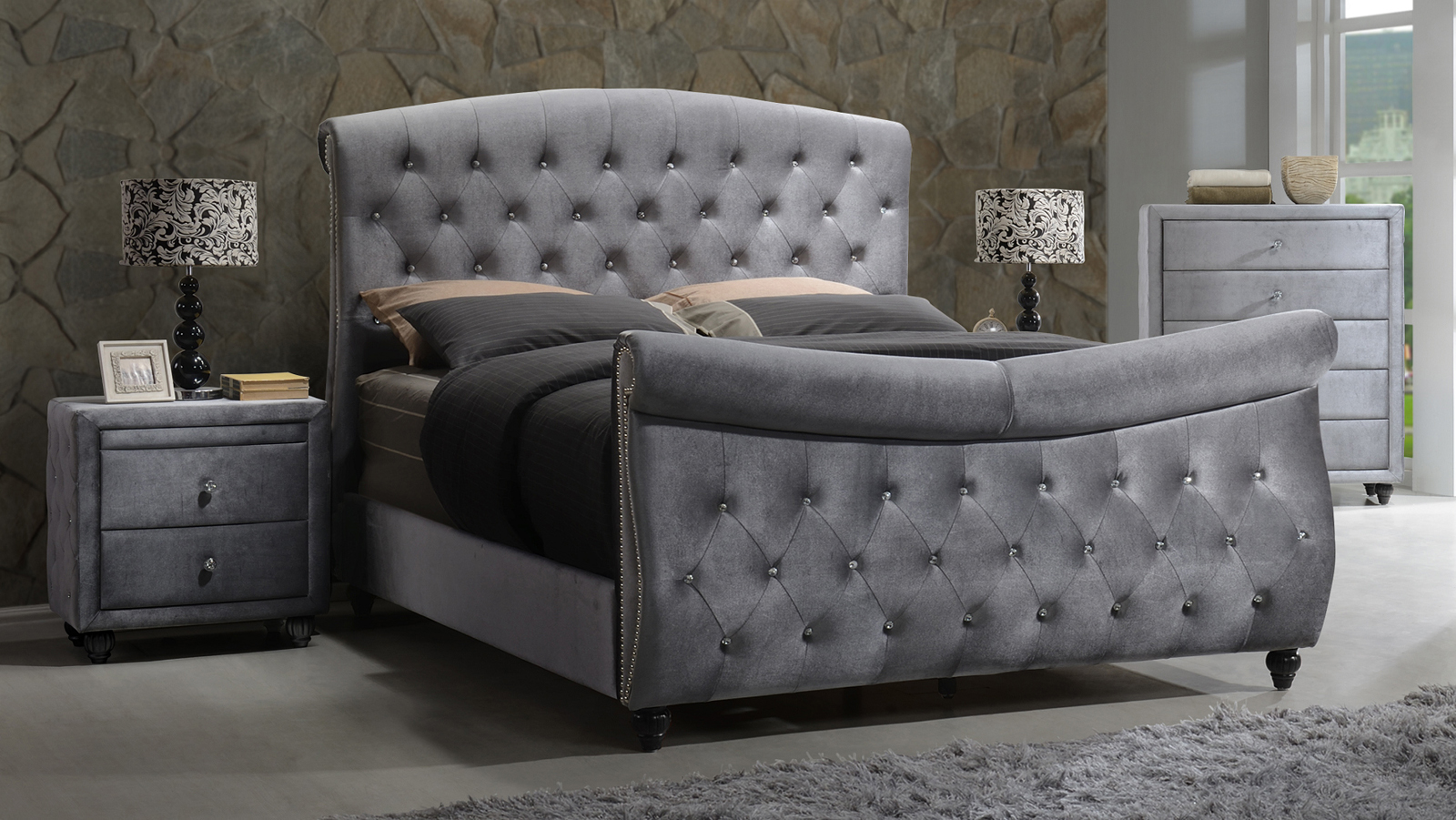 Meridian Hudson Velvet Queen Sleigh Bed In Grey Meridian Hudson Velvet Queen Sleigh Bed In Grey Q