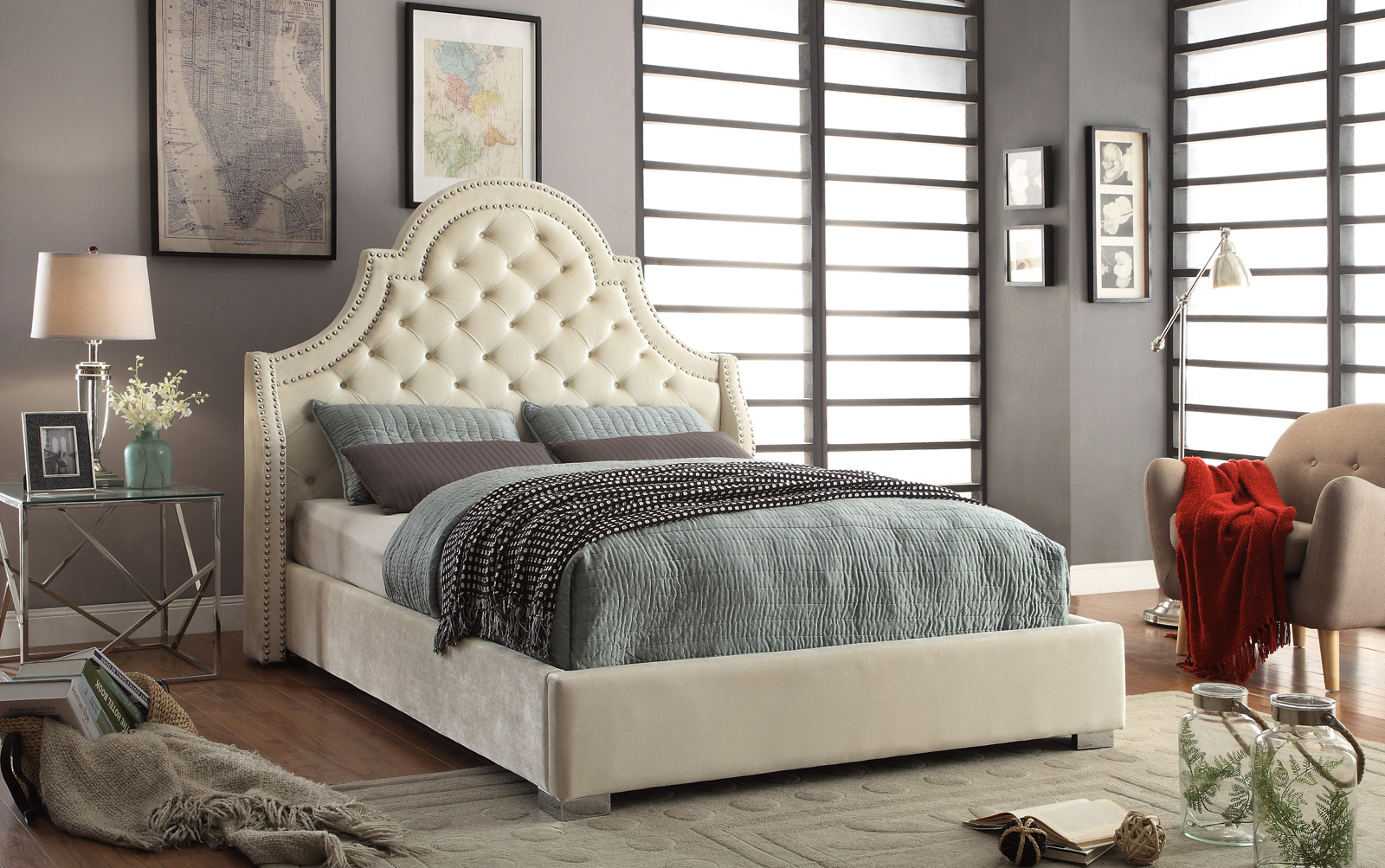 Meridian Madison Velvet King Bed In Cream Madisoncream K Meridian Madison Velvet King Bed In Cream Madisoncream K