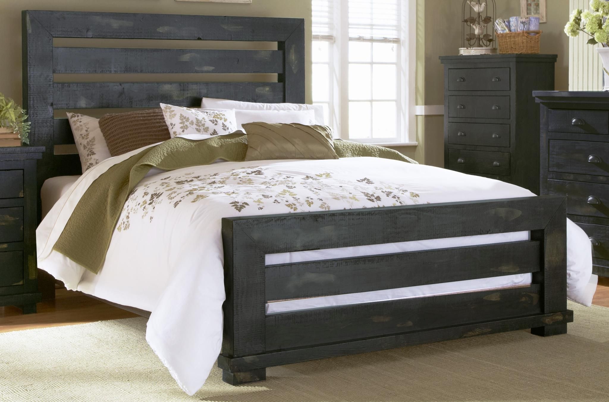 Progressive Furniture Willow Distressed Black King Slat Bed Willow Distressed Black King Slat Bed