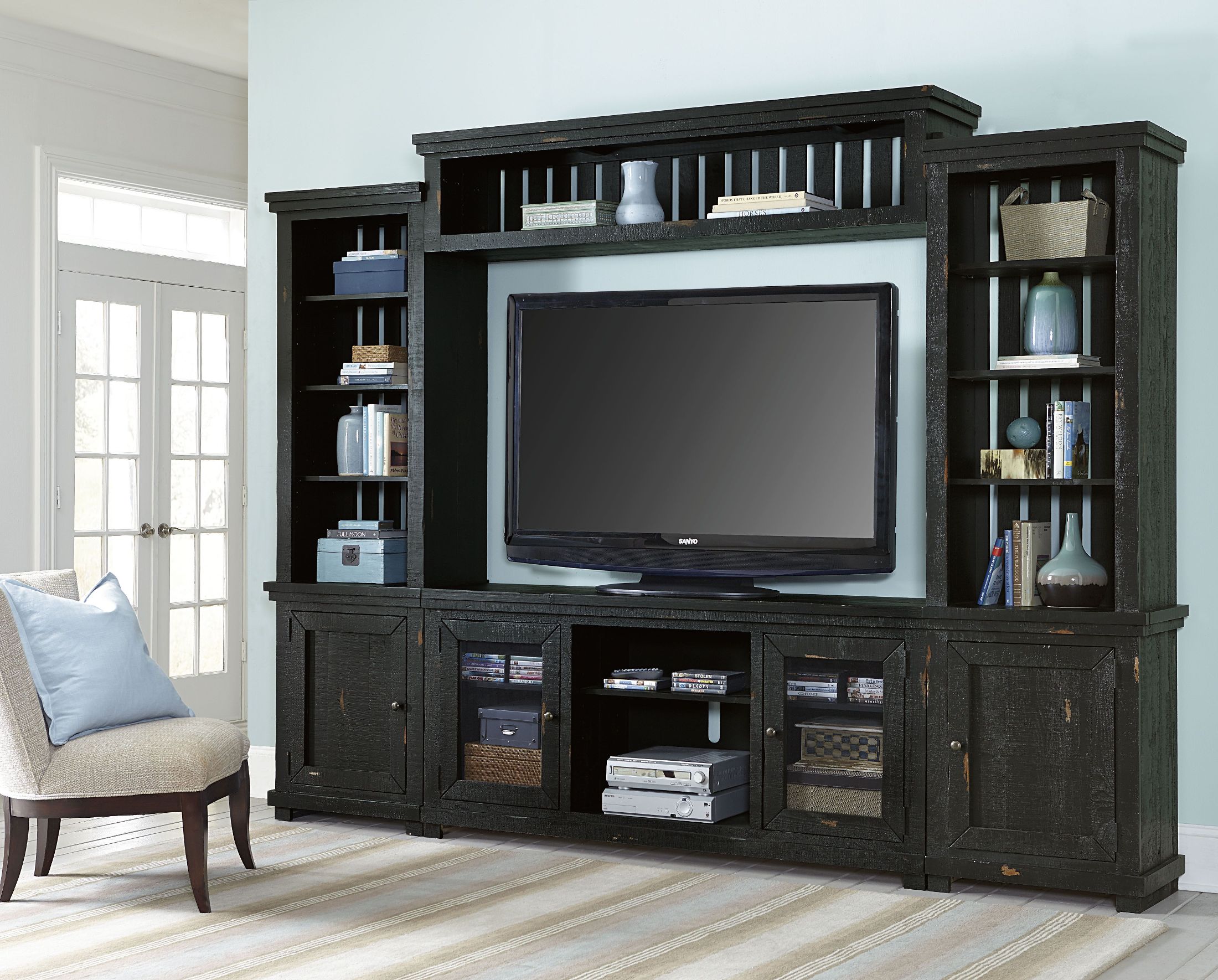 Willow Distressed Black Entertainment Wall