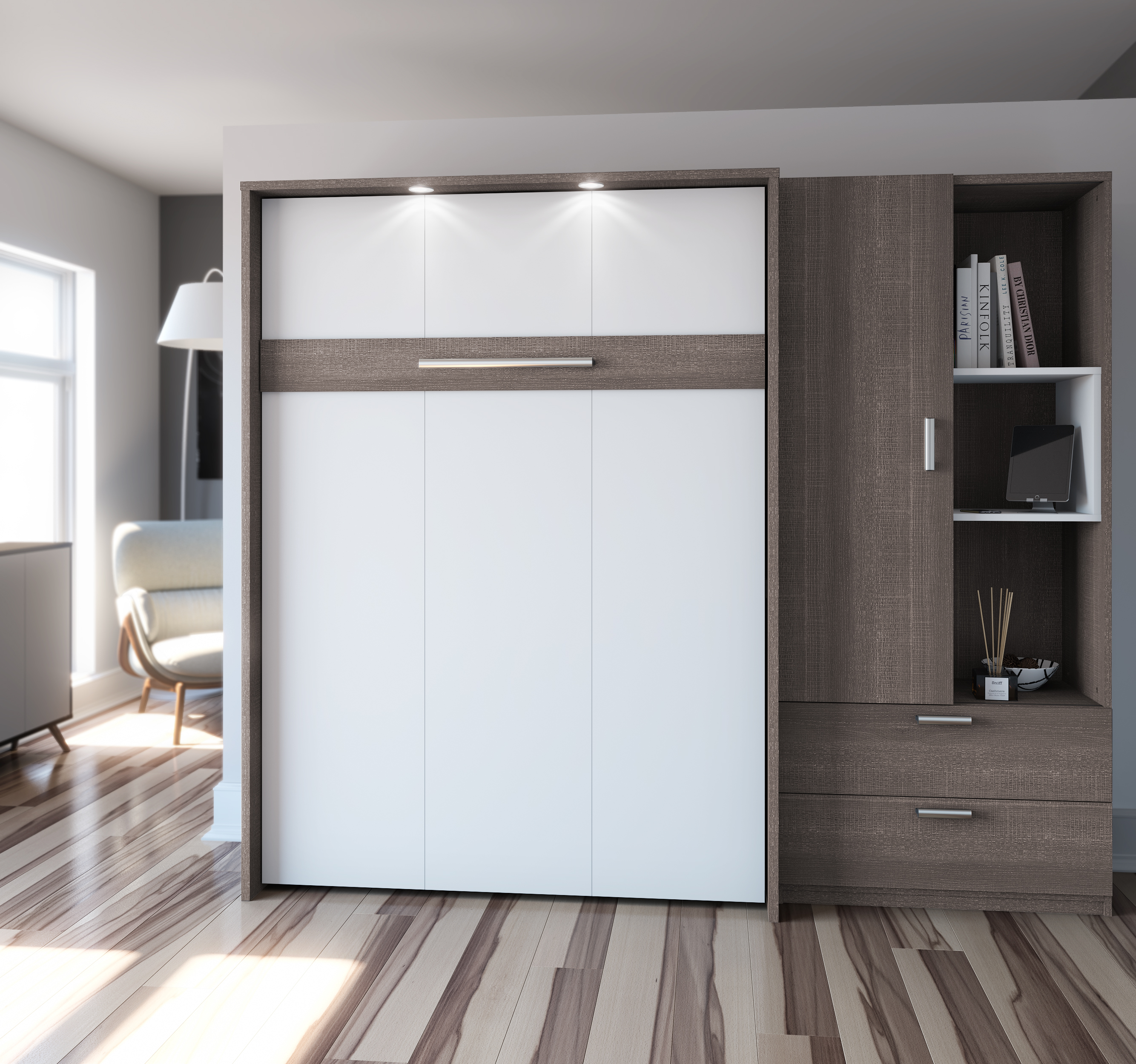 Cielo By Bestar 2 Piece Full Wall Bed And 36 Storage Unit Set In Bark Gray White