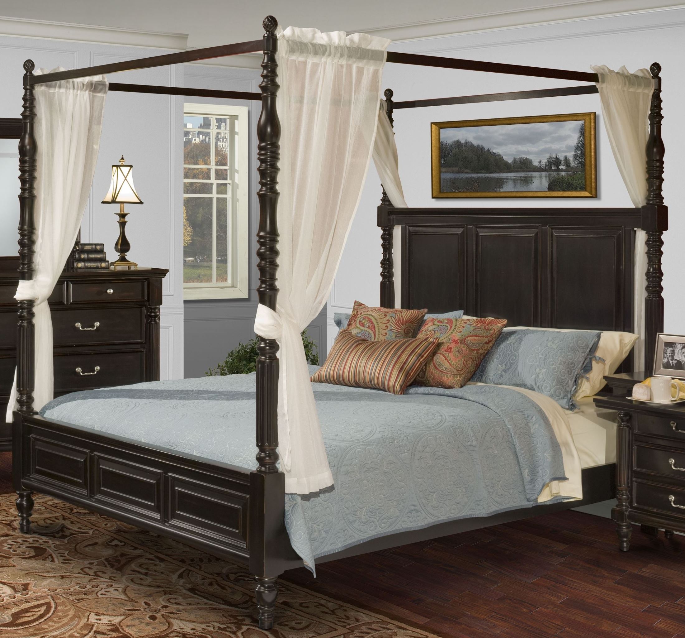 Martinique Rubbed Black Cal King Canopy Bed With Drapes