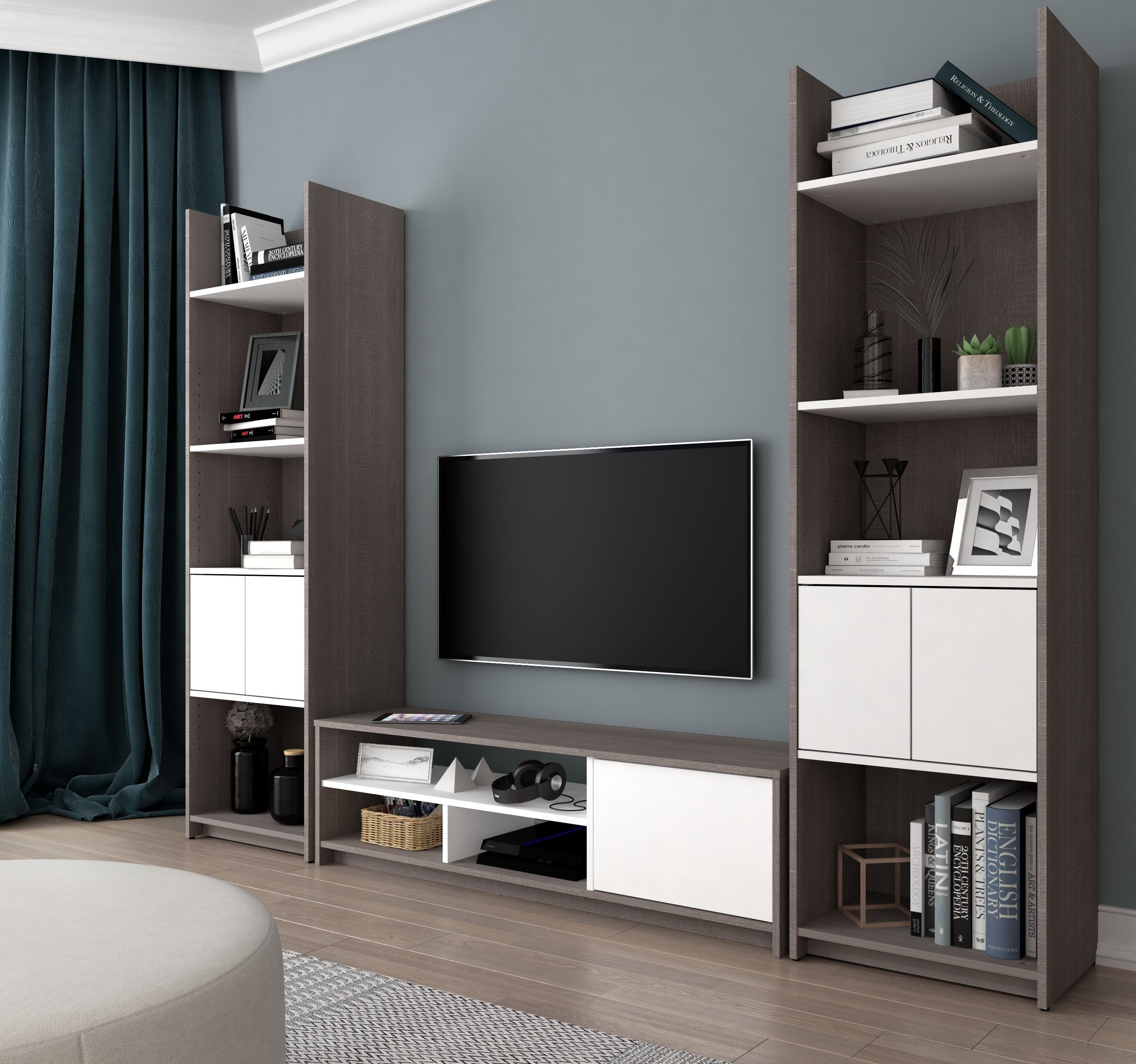 Small Space Bark Gray And White Tv Stand With 2 Storage Towers