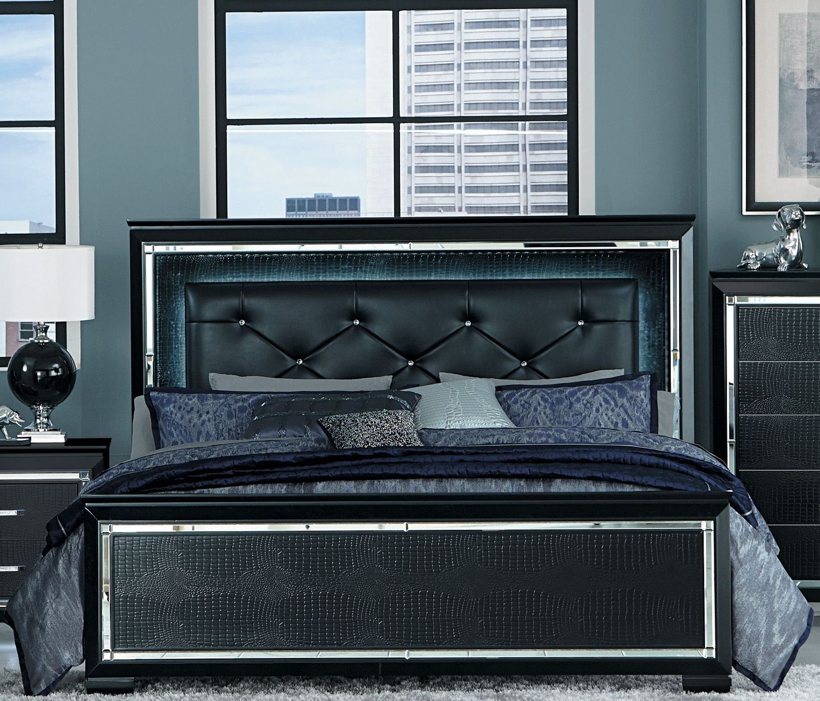 Allura Black Cal. King Upholstered Panel Bed - 1StopBedrooms.