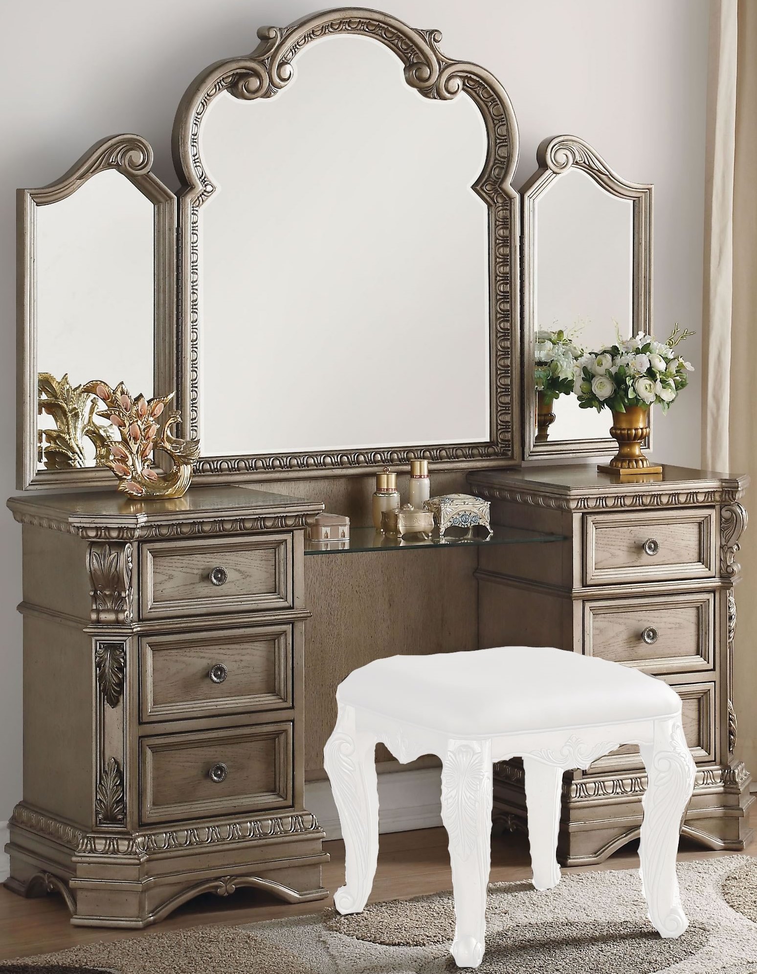 Northville Antique Champagne Vanity Desk With Mirror 1stopbedrooms