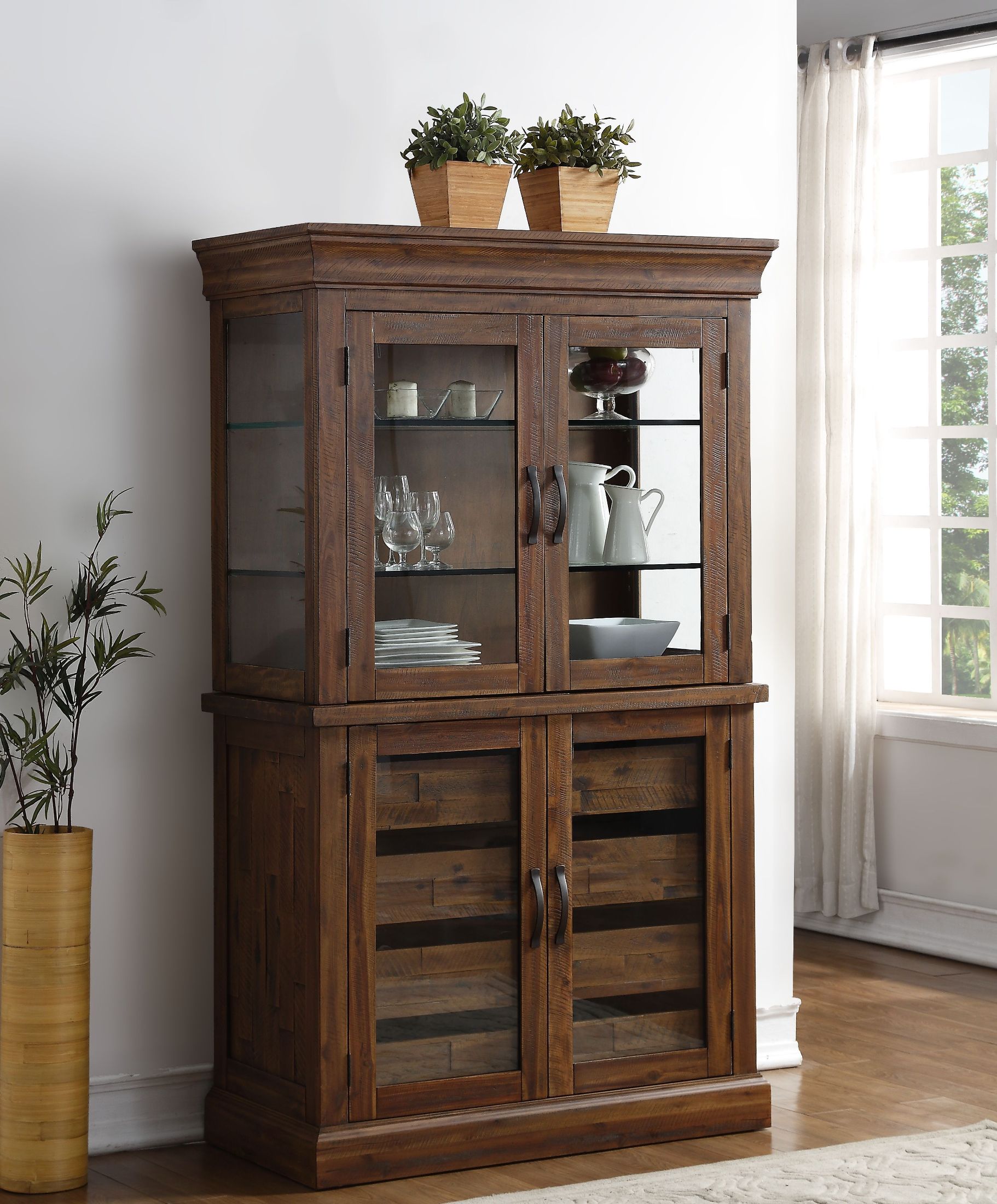 Normandy Sawn Distressed Glass Door Curio Cabinet 1stopbedrooms
