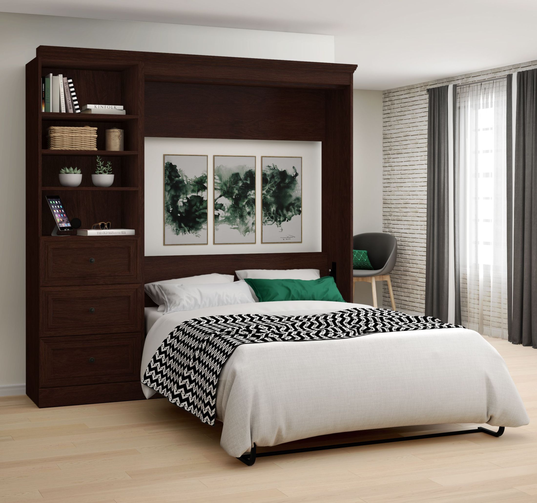 Novello Espresso Veneer Full Wall Bed With 3 Drawer Storage Unit