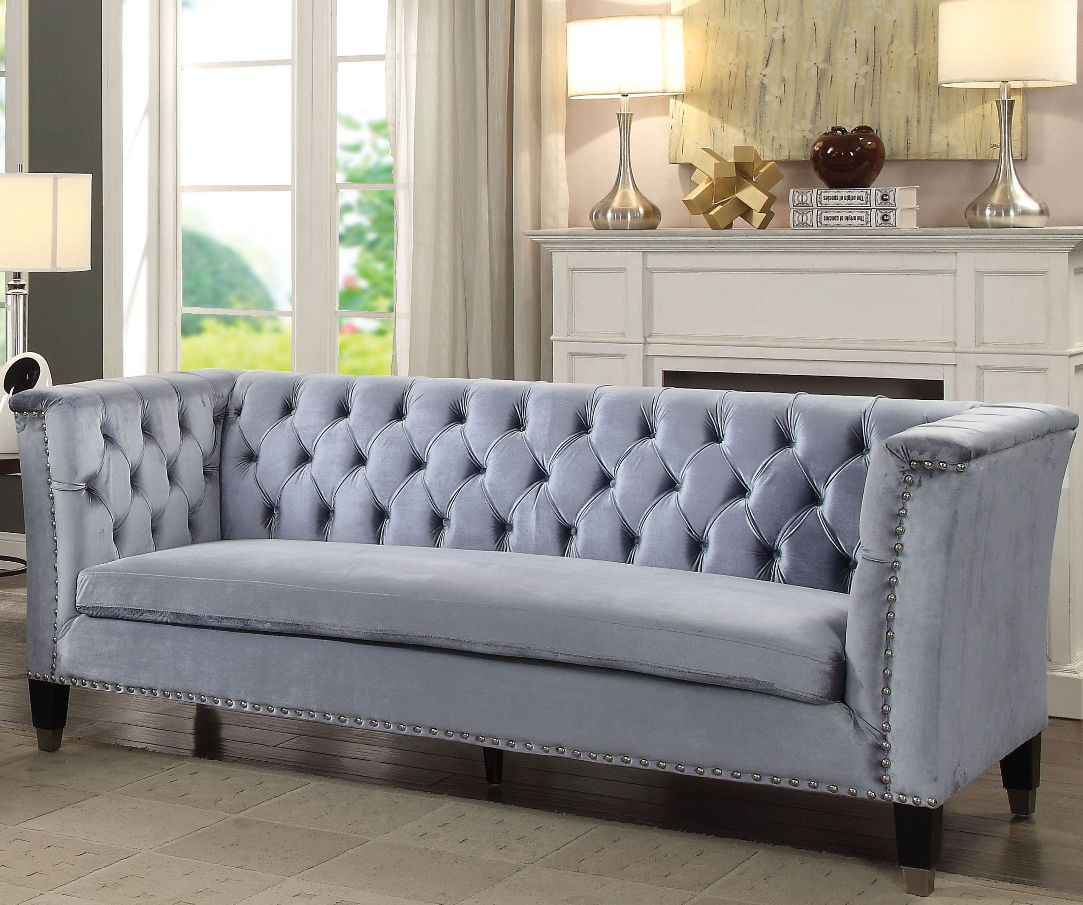 Honor Blue Gray Velvet Sofa - 1StopBedrooms.