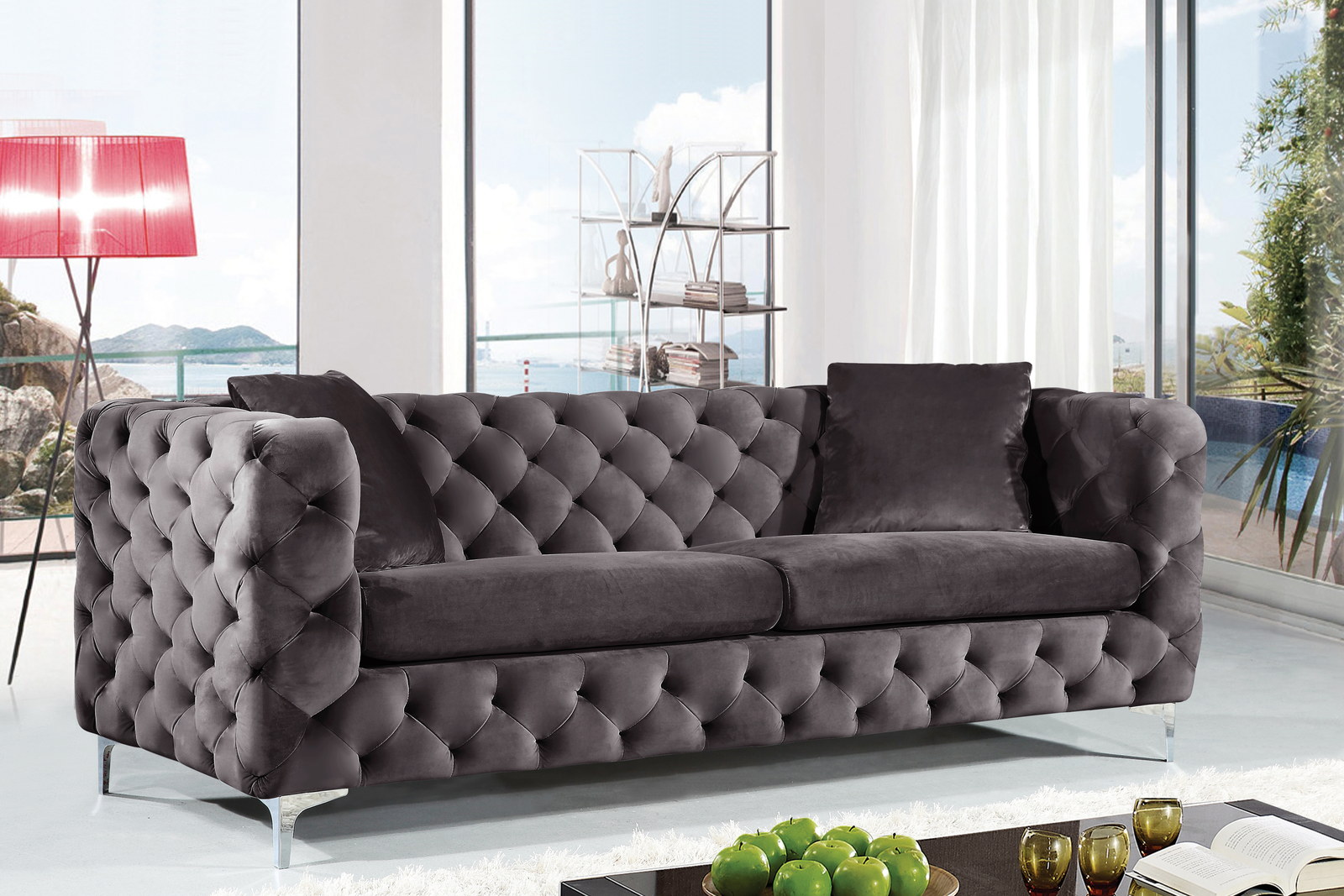 Meridian Scarlett Velvet Sofa in Grey 663Grey-S - 1StopBedrooms.