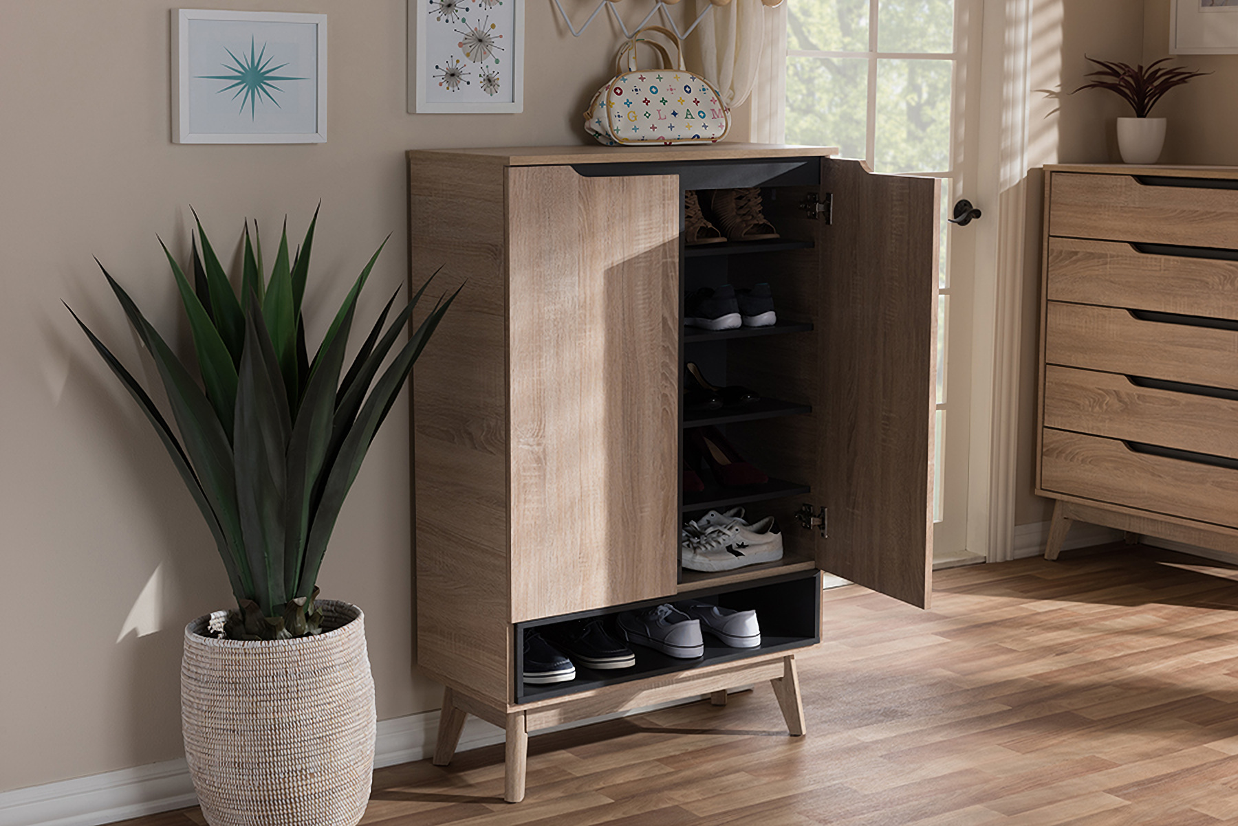 Baxton Studio Fella Mid Century Modern Two Tone Oak And Grey Wood Shoe Cabinet 1stopbedrooms