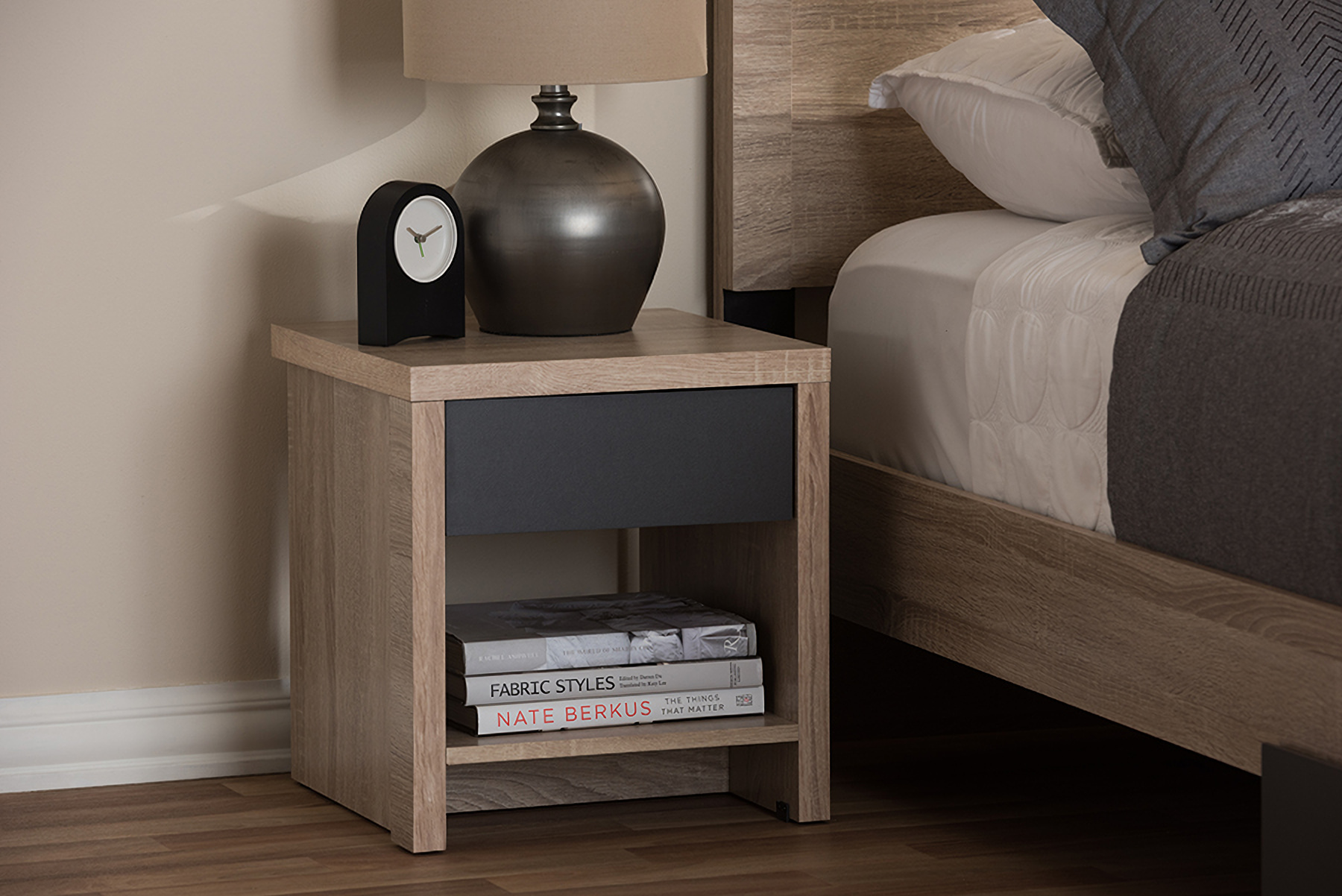 Baxton Studio Jamie Modern And Contemporary Two Tone Oak And Grey Wood 1 Drawer 1 Shelf Nightstand 1stopbedrooms