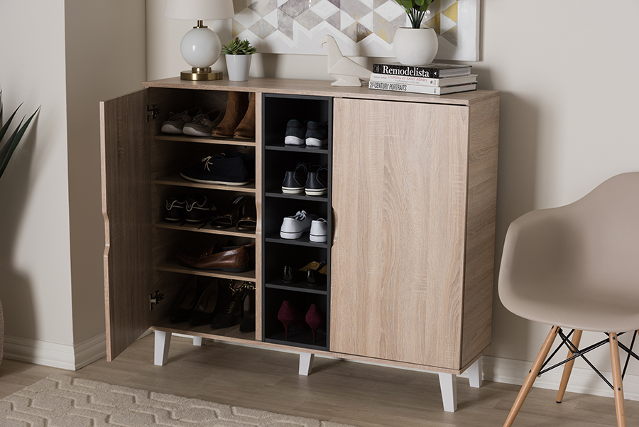 grey wooden shoe rack