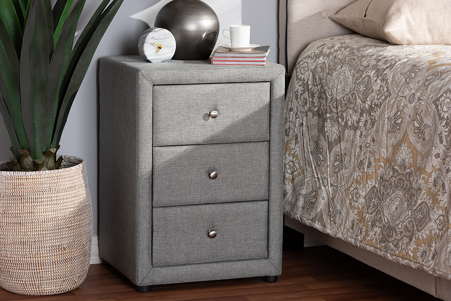 Baxton Studio Tessa Modern And Contemporary Grey Fabric Upholstered 3 Drawer Nightstand 1stopbedrooms