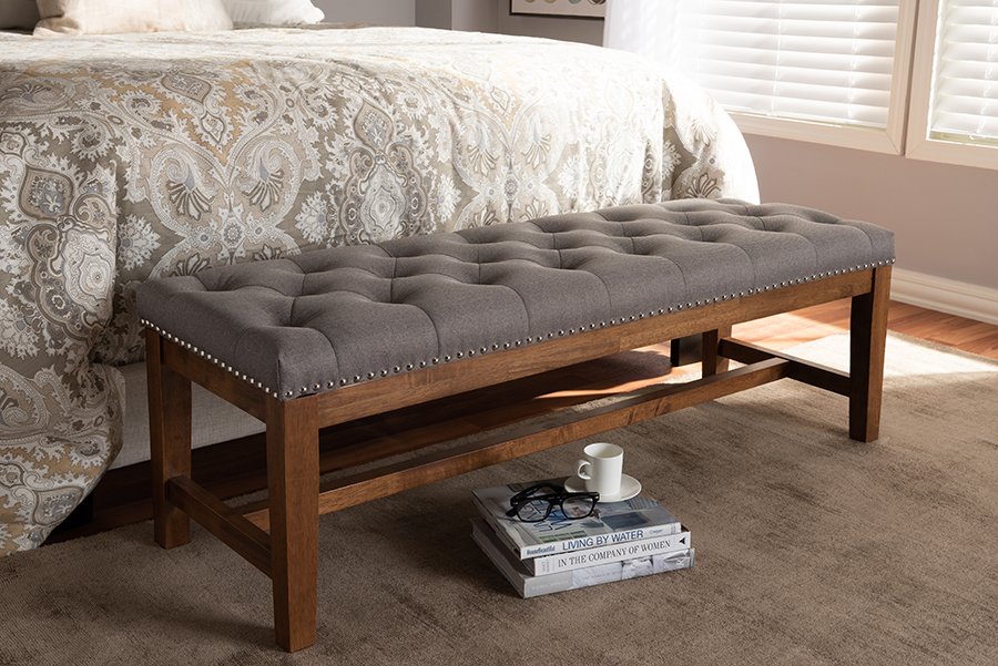 Baxton Studio Ainsley Modern And Contemporary Grey Fabric Upholstered Walnut Finished Solid Rubberwood Bench 1stopbedrooms