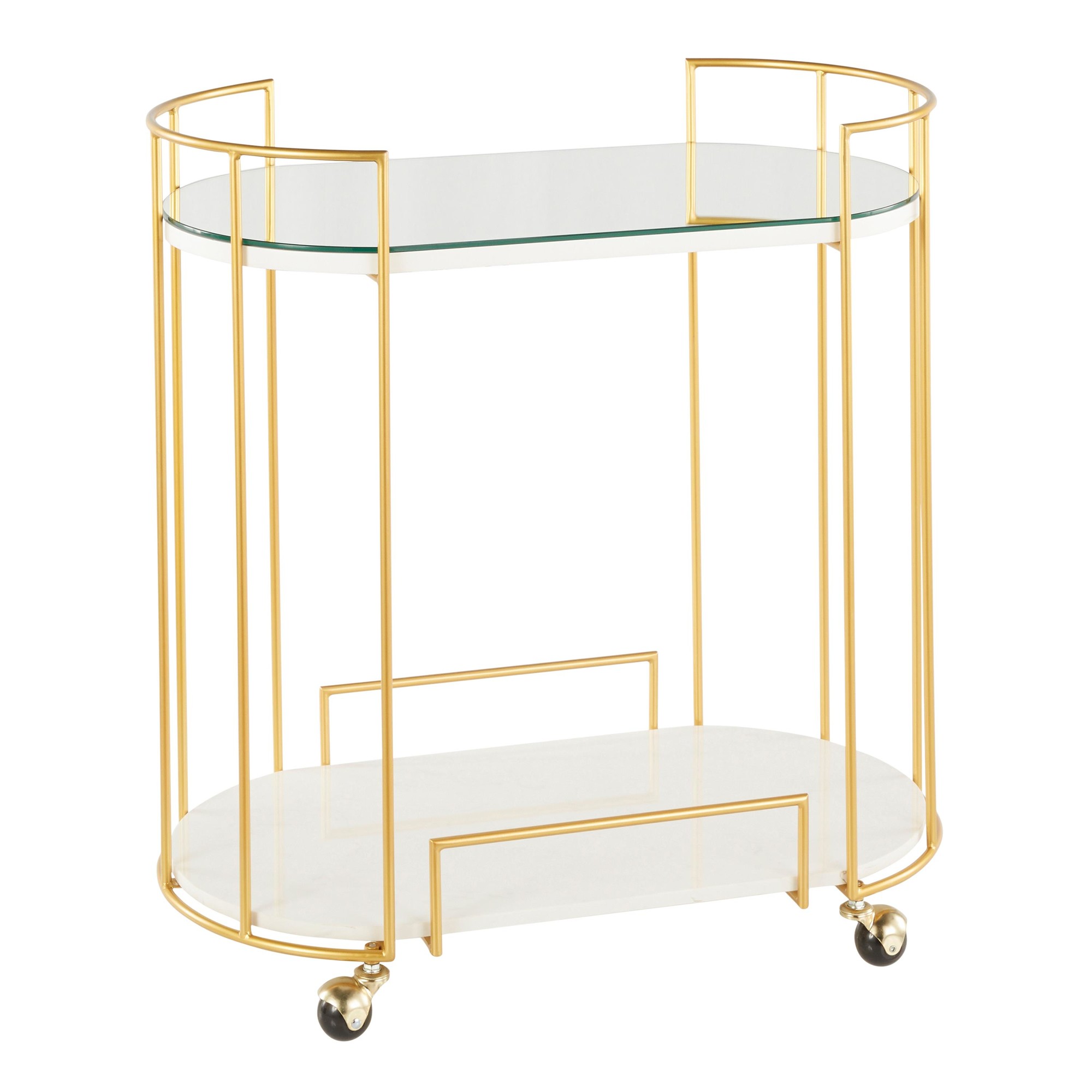 Canary Bar Cart In Gold Metal White Marble And Mirror Top