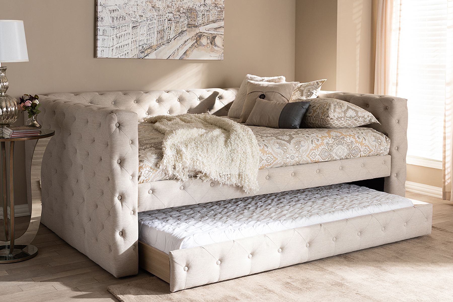 Baxton Studio Anabella Modern And Contemporary Light Beige Fabric Upholstered Queen Size Daybed With Trundle 1stopbedrooms