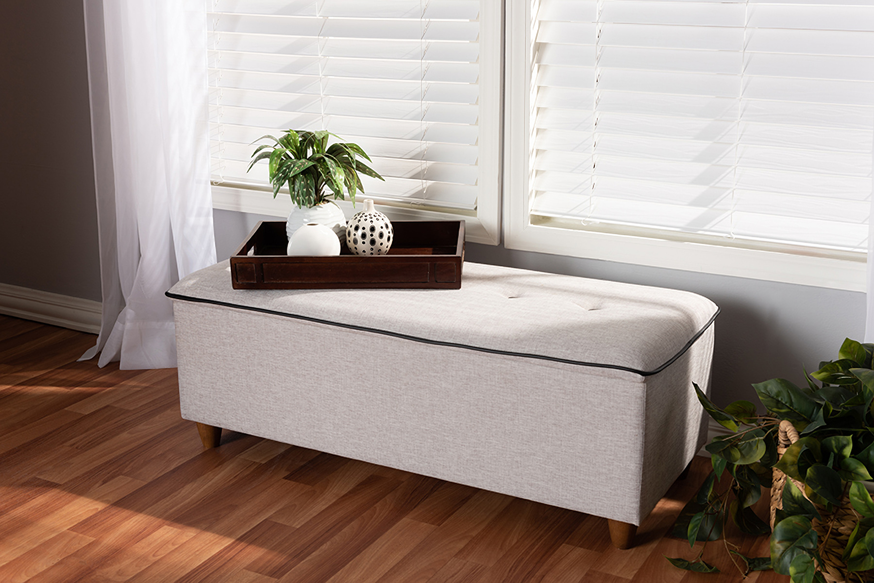 Baxton Studio Marlisa Mid Century Modern Walnut Finished Wood And Greyish Beige Fabric Upholstered Button Tufted Storage Ottoman Bench 1stopbedrooms