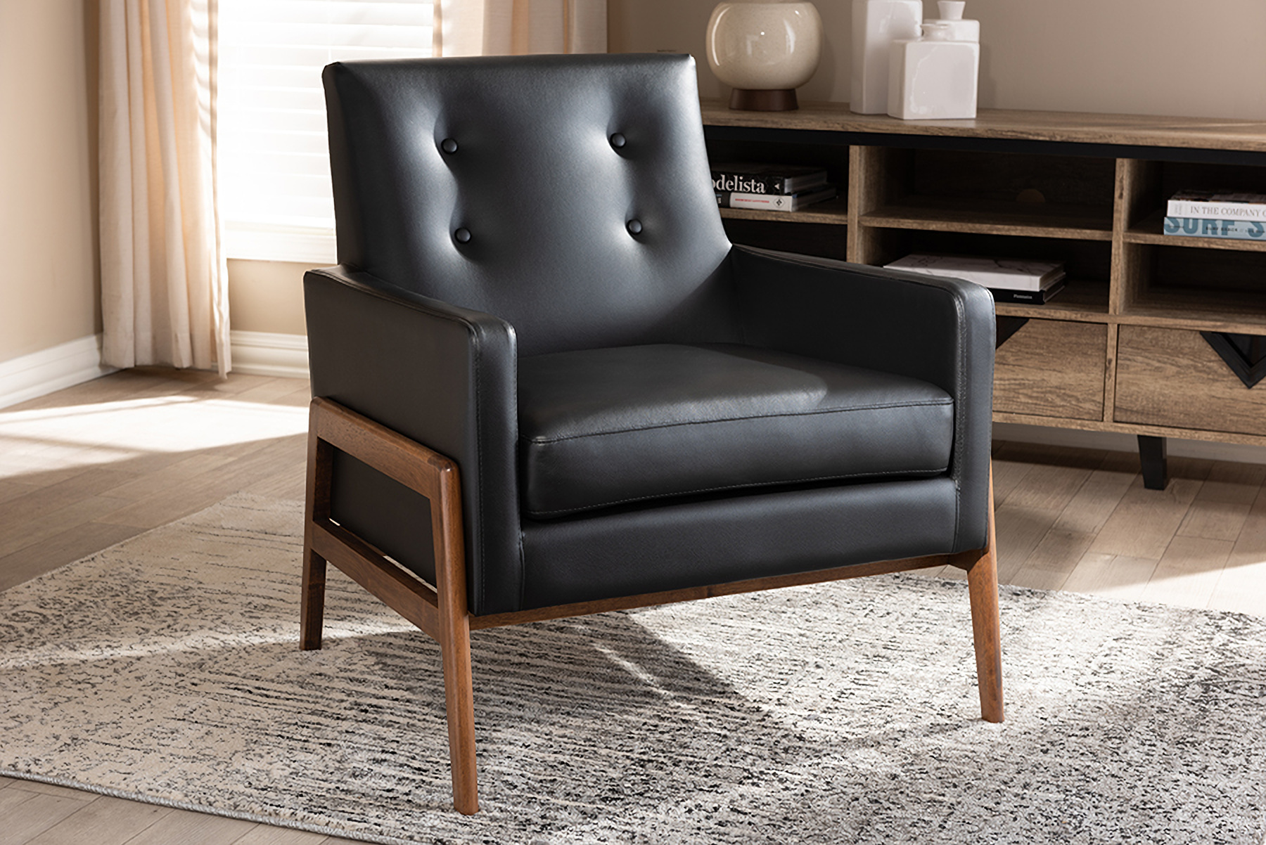 Baxton Studio Perris Mid Century Modern Black Faux Leather