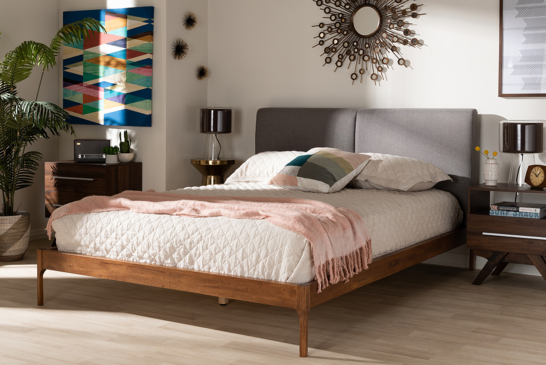 Baxton Studio Aveneil Mid Century Modern Grey Fabric Upholstered Walnut Finished Queen Size Platform Bed 1stopbedrooms