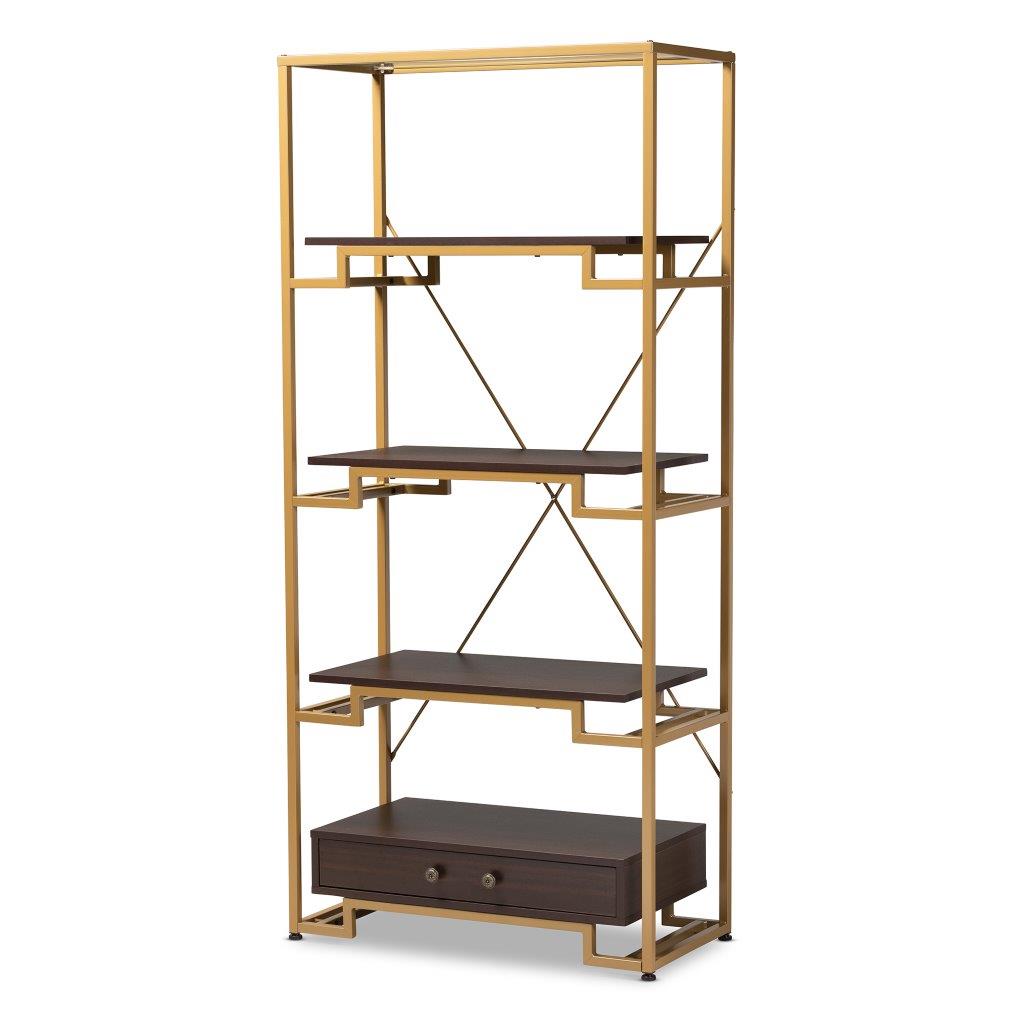 Baxton Studio Cerelia Modern And Contemporary Gold Tone Steel And Dark Brown Finished Wood 3 Shelf Accent Bookcase With Drawer 1stopbedrooms