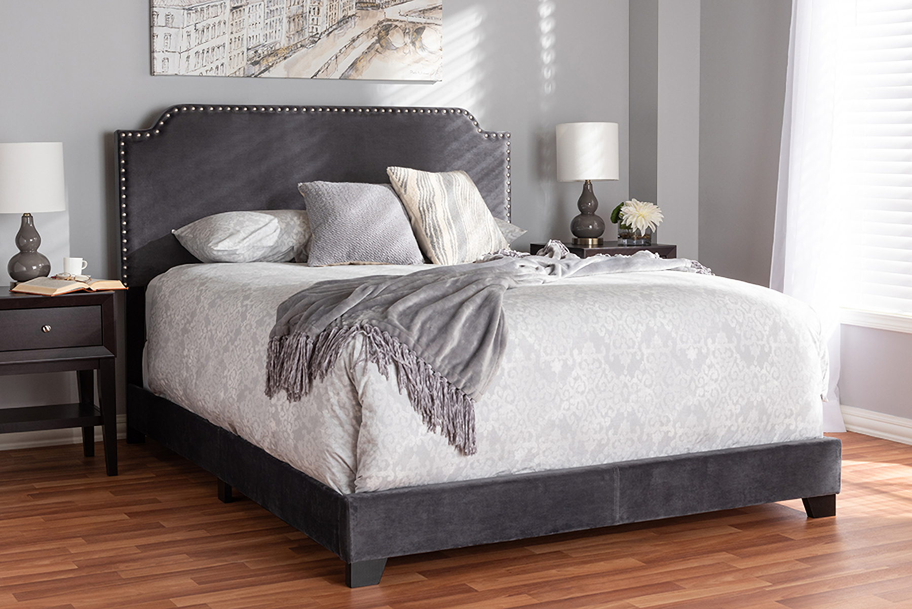 Dark grey velvet upholstered bed clearance