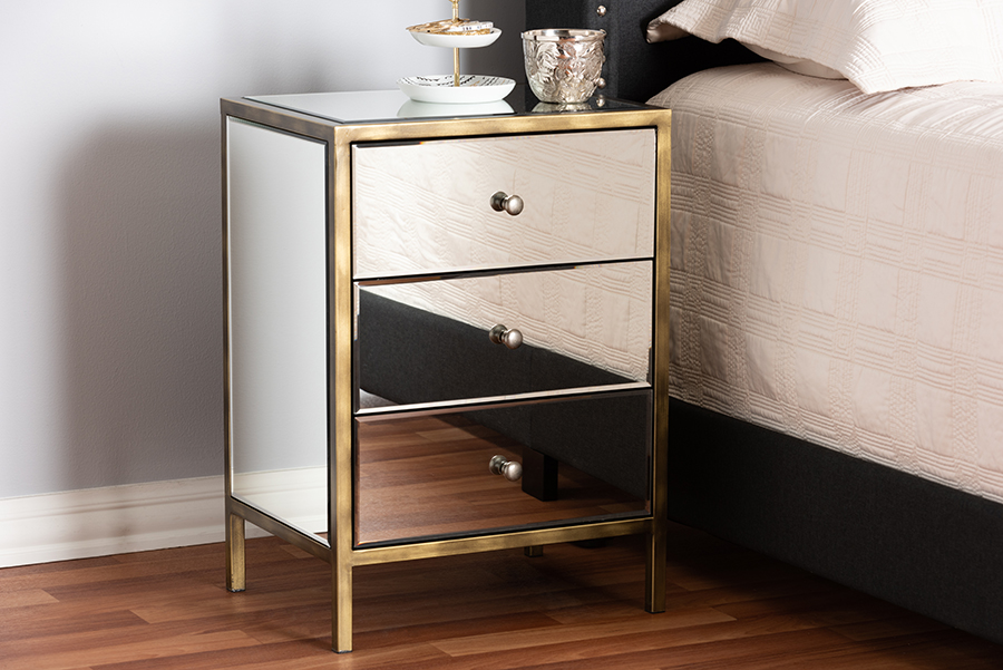 Baxton Studio Nouria Modern And Contemporary Hollywood Regency Glamour Style Mirrored Three Drawer Nightstand Bedside Table 1stopbedrooms
