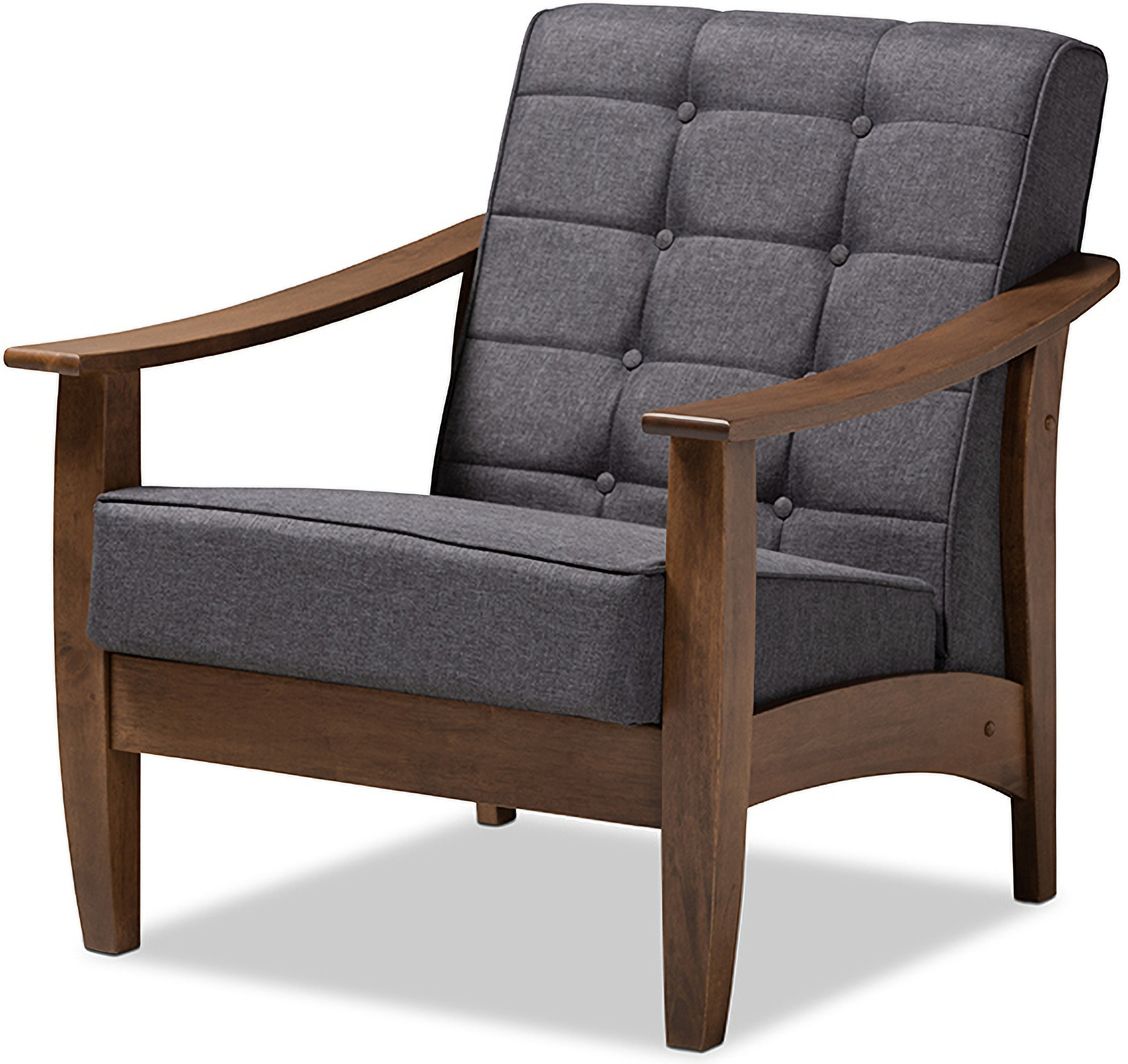 Baxton Studio Larsen Mid Century Modern Gray Fabric Upholstered Walnut Wood Lounge Chair 1stopbedrooms