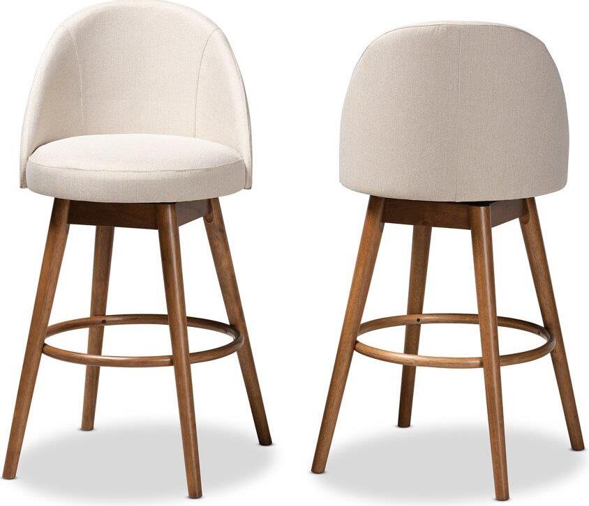 Baxton Studio Carra Mid Century Modern Light Beige Fabric Upholstered Walnut Finished Wood Swivel Bar Stool Set Of 2 1stopbedrooms