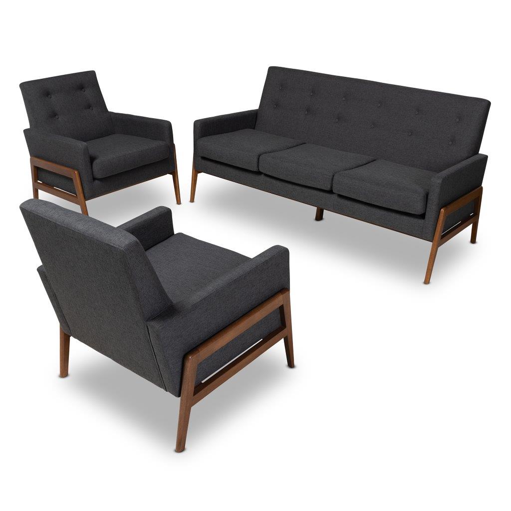 Perris Mid Century Modern Dark Grey Fabric Upholstered Walnut