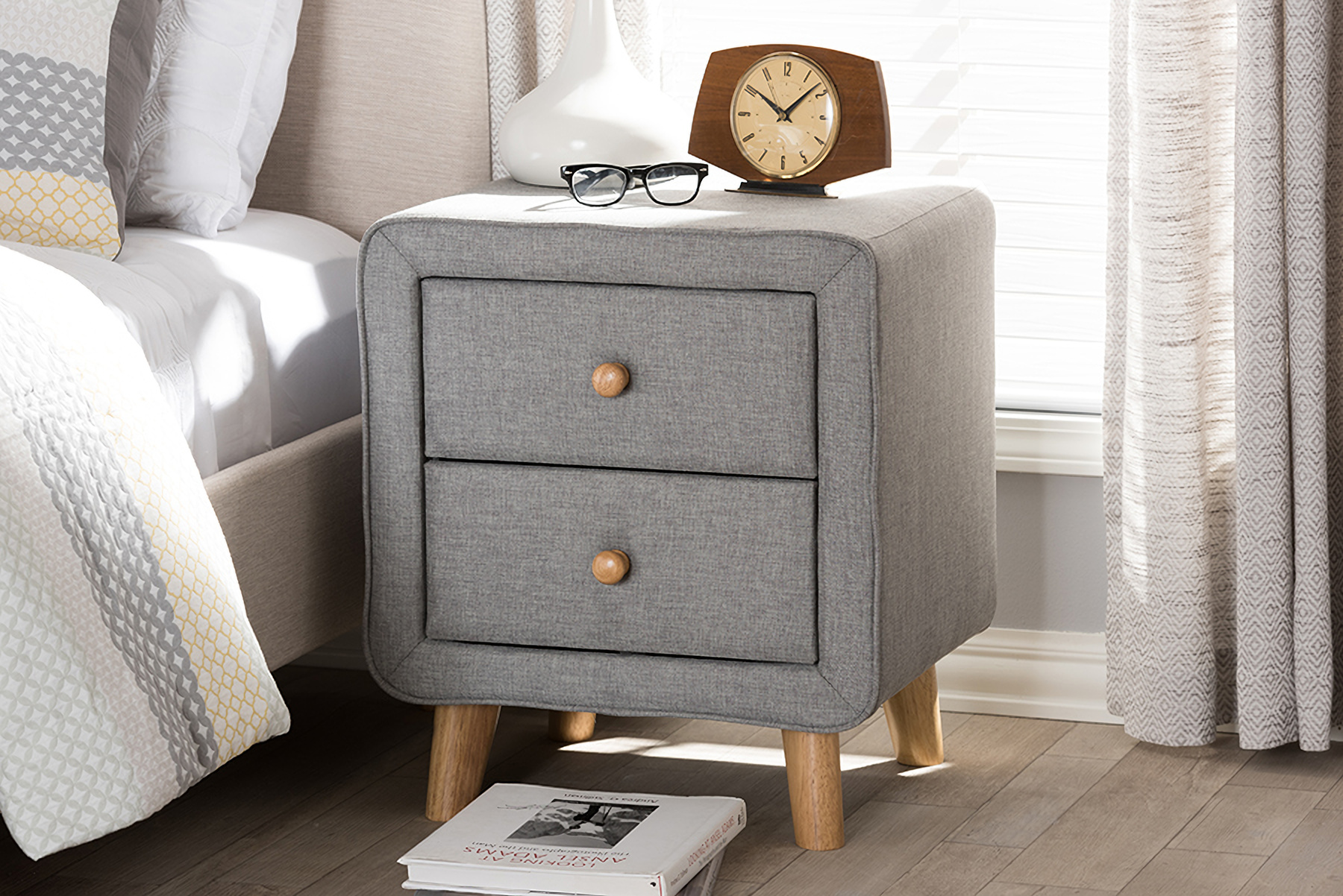 Baxton Studio Jonesy Mid Century Grey Fabric Upholstered 2 Drawer Nightstand 1stopbedrooms