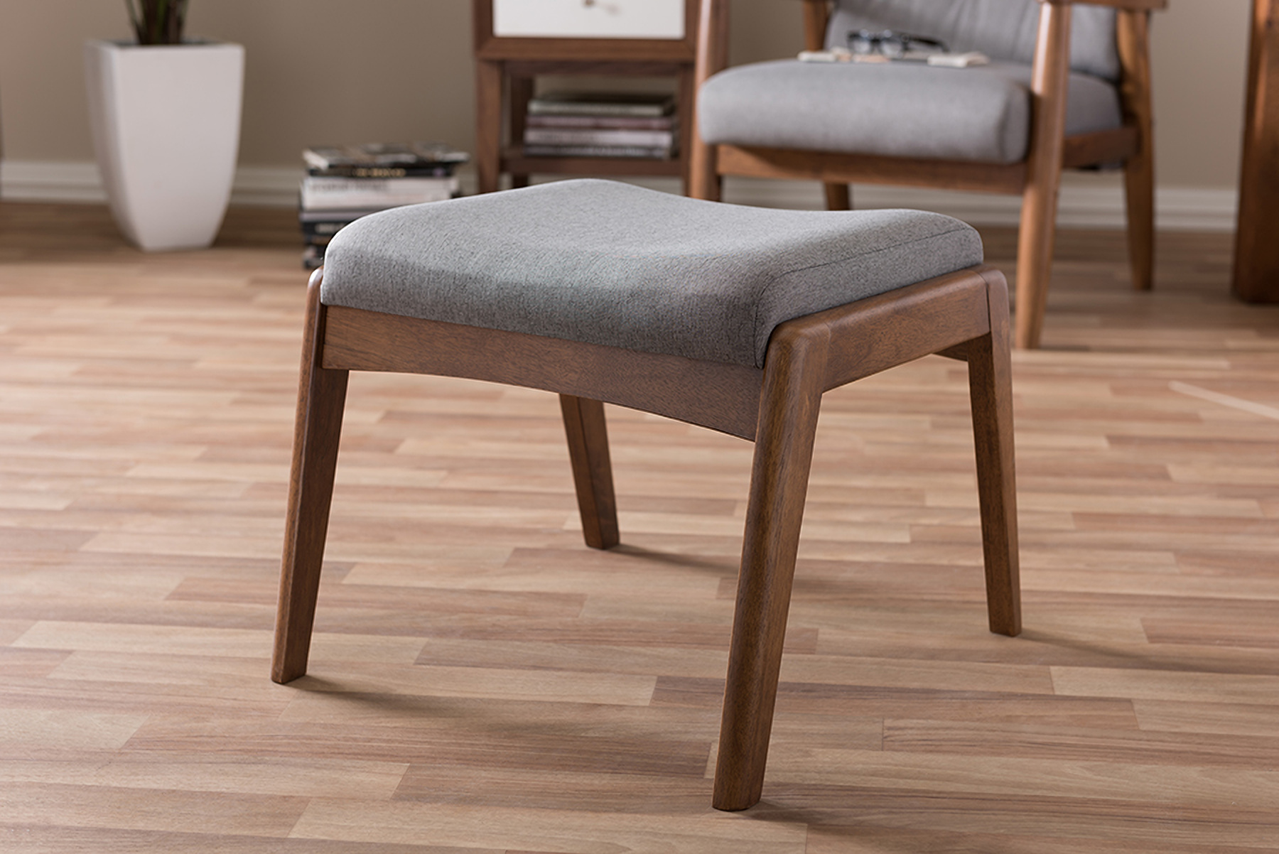 Baxton Studio Roxy Mid Century Modern Walnut Wood Finishing And Grey Fabric Upholstered Ottoman 1stopbedrooms