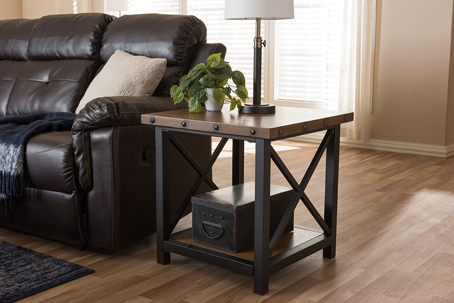 Baxton Studio Herzen Rustic Industrial Style Antique Black Textured Finished Metal Distressed Wood Occasional End Table 1stopbedrooms