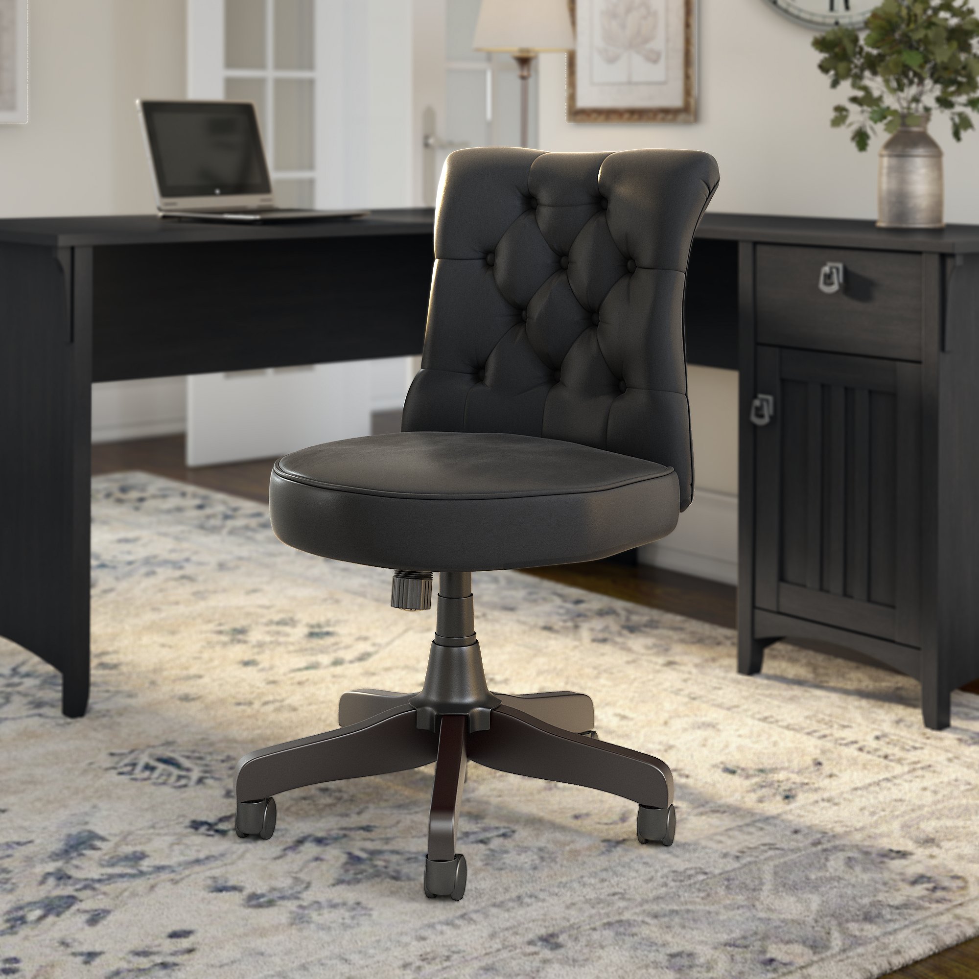 Arden Lane Mid Back Tufted Office Chair In Black Leather 1stopbedrooms