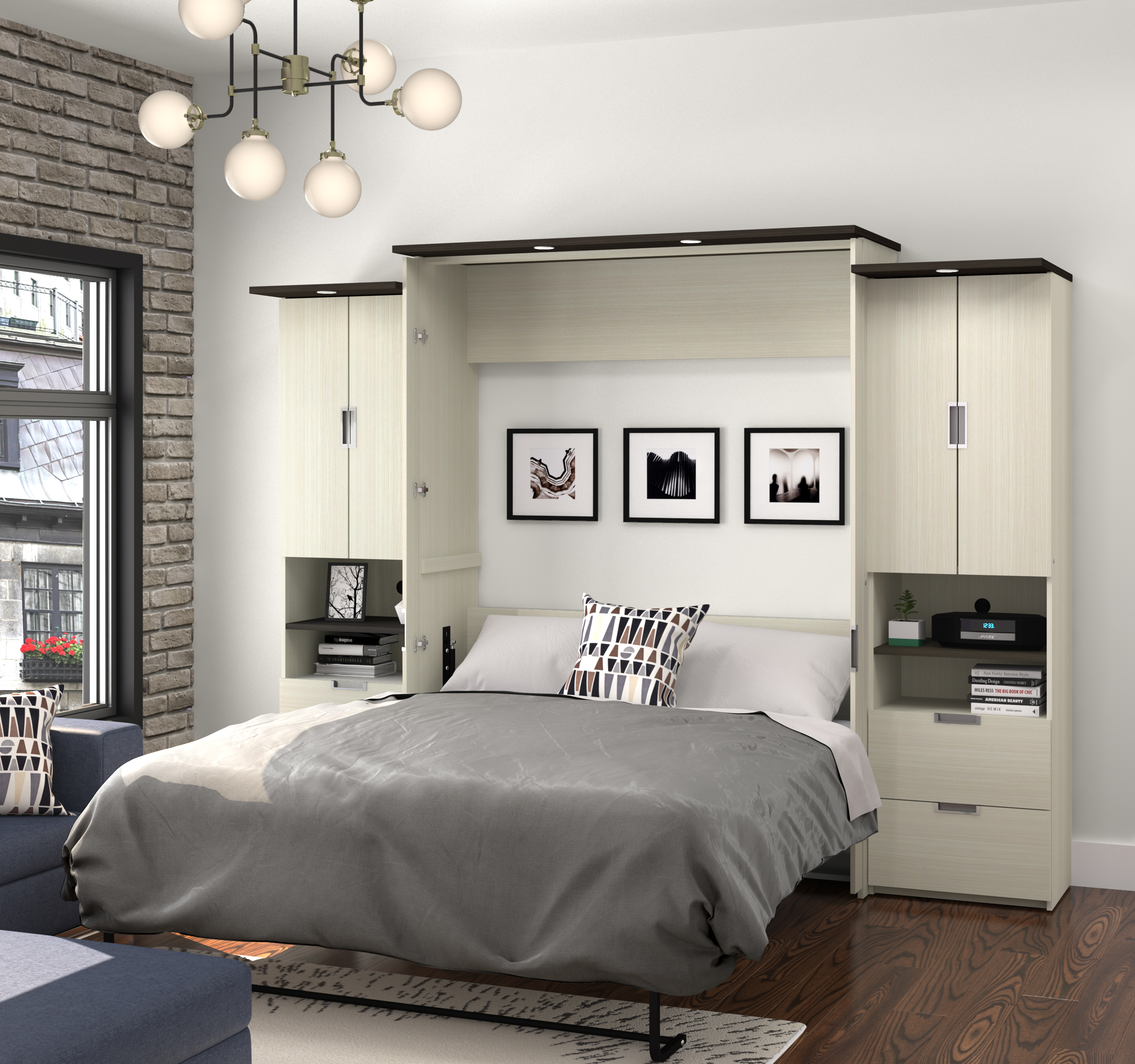Bestar Lumina 3 Piece Queen Wall Bed With Desk And 2 Storage Units