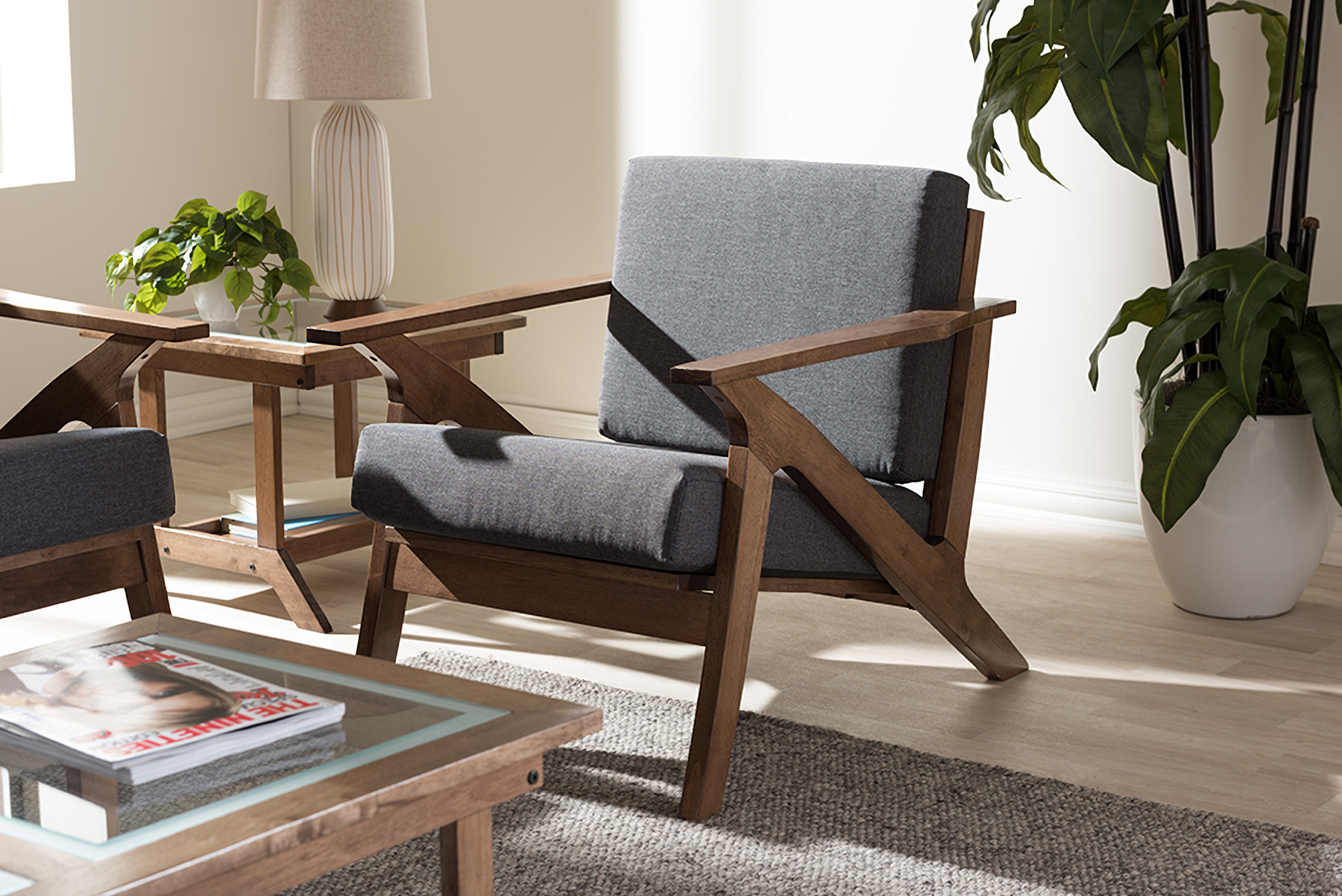 Baxton Studio Cayla Mid Century Modern Grey Fabric And Walnut Brown Wood Living Room 1 Seater Lounge Chair 1stopbedrooms