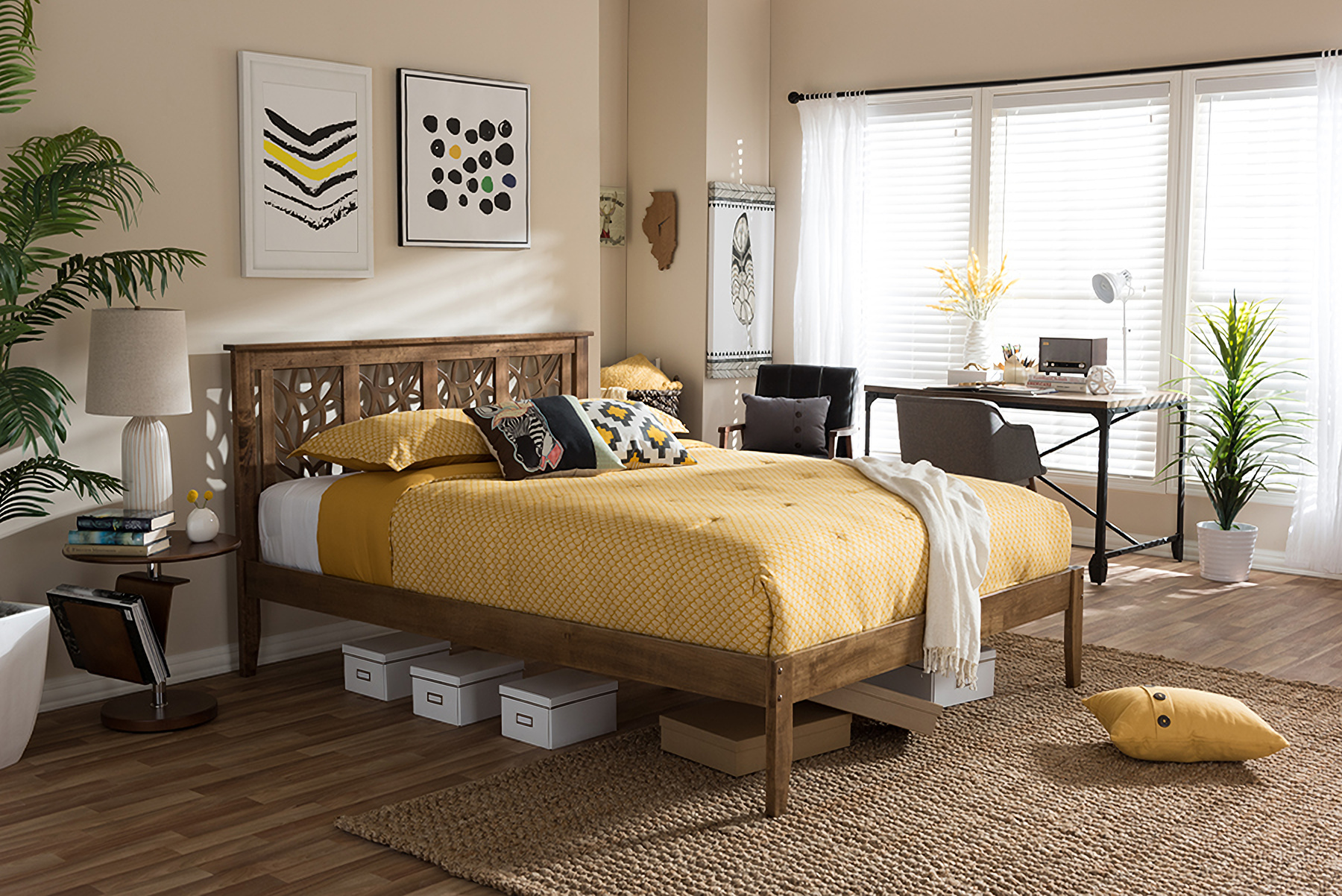 Baxton Studio Trina Contemporary Tree Branch Inspired Walnut Wood King Size Platform Bed 1stopbedrooms