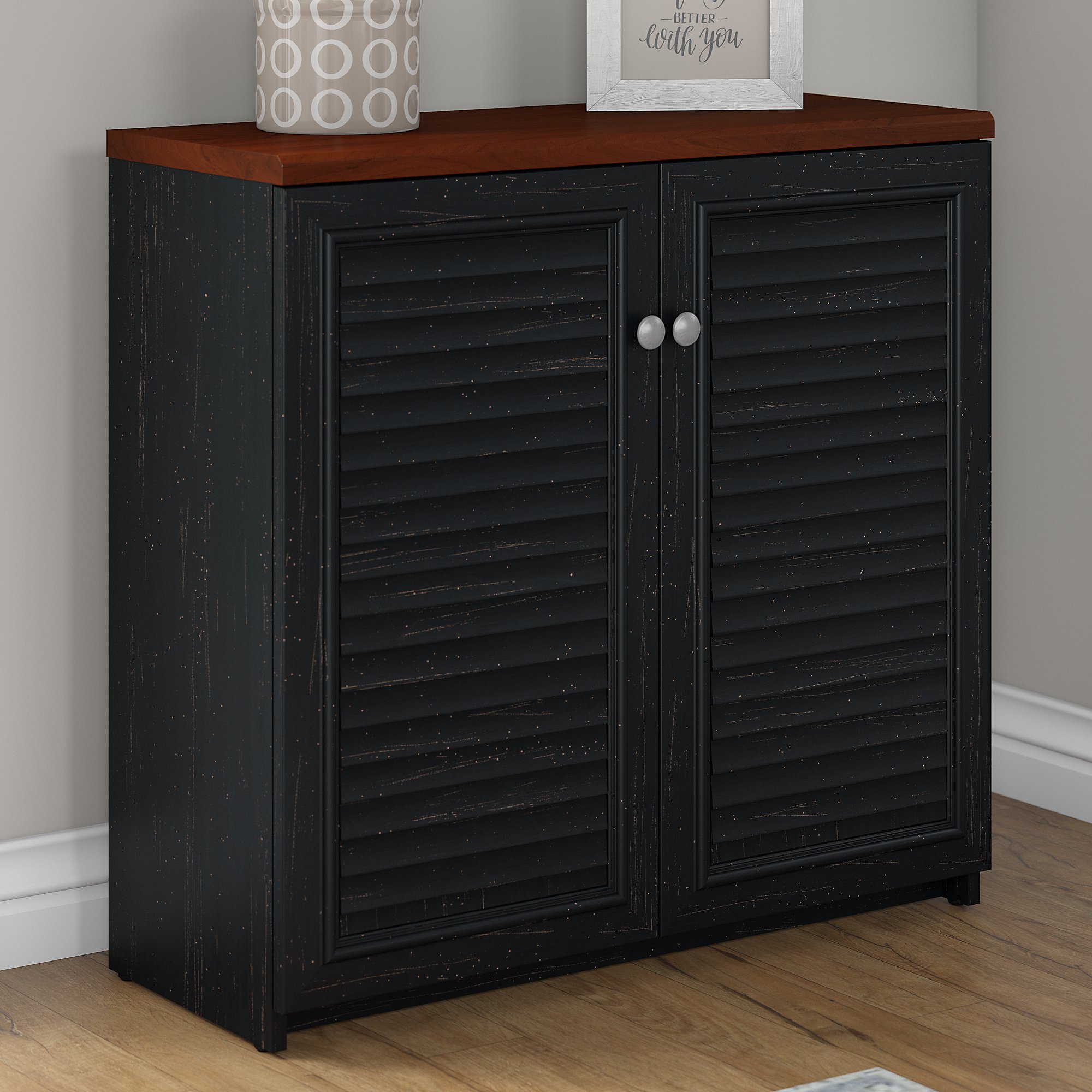 Fairview Small Storage Cabinet With Doors In Antique Black And Hansen Cherry 1stopbedrooms