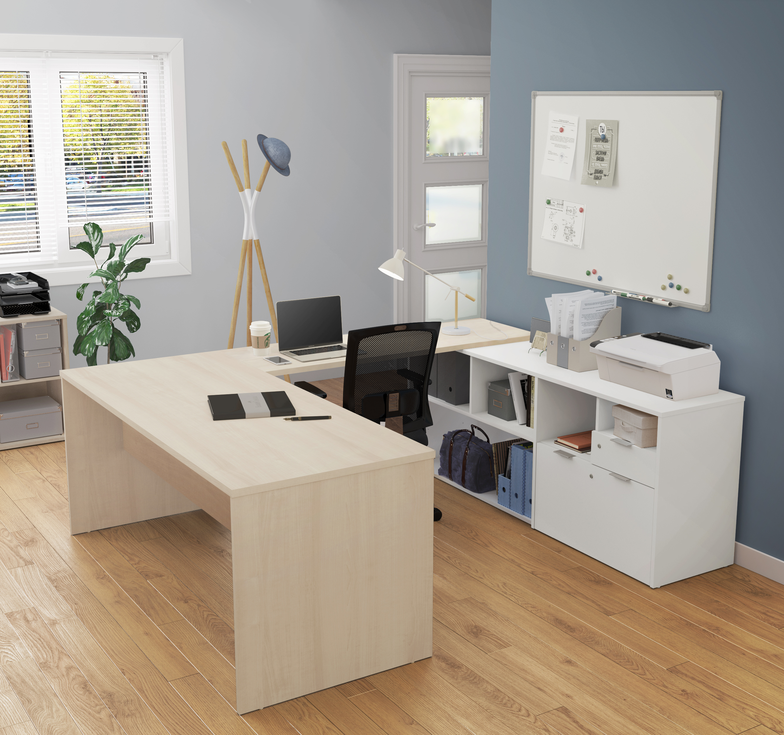 I3 Plus U Desk With Two Drawers In Northern Maple And White