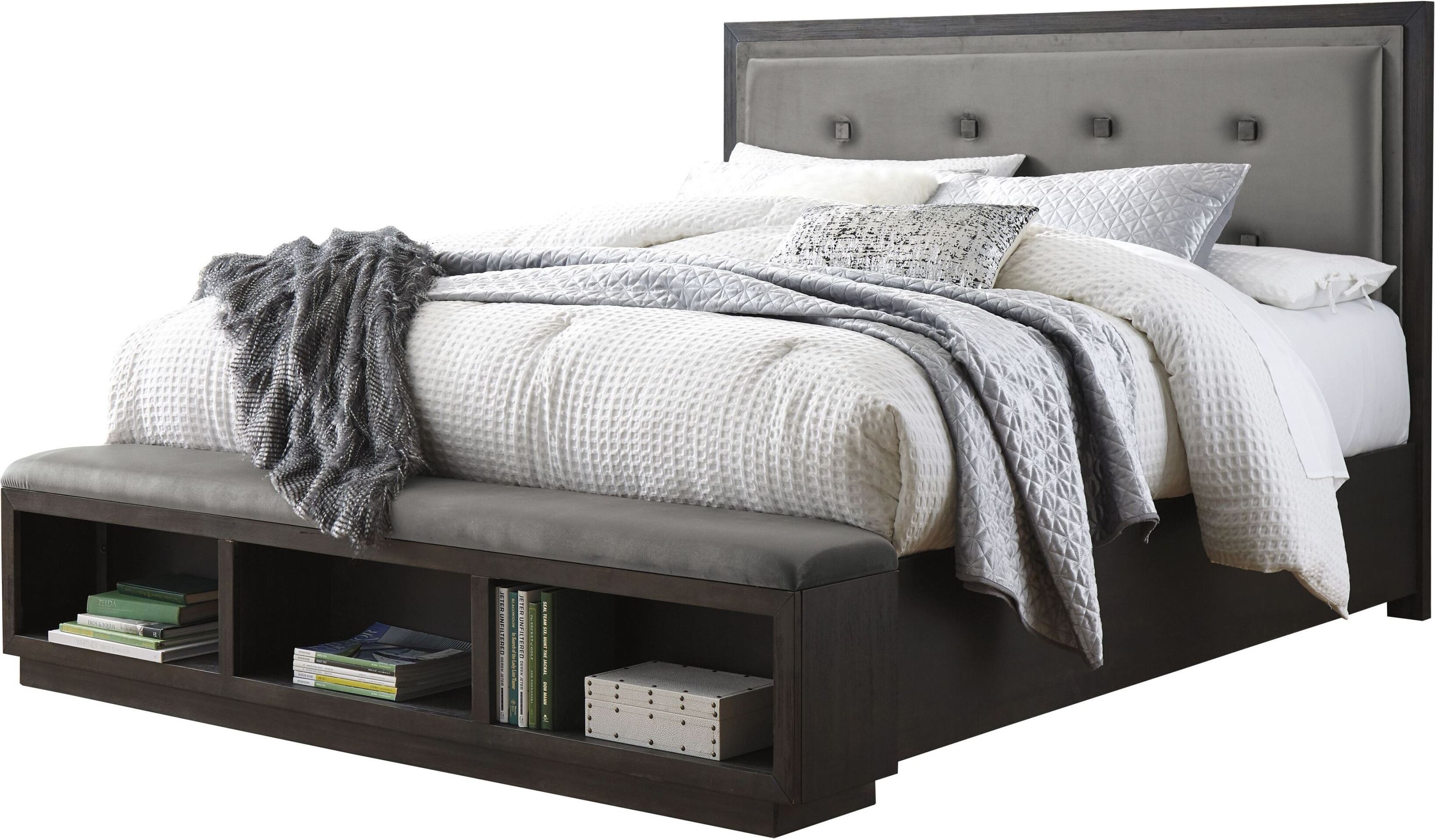 Hyndell Dark Brown Cal King Upholstered Platform Storage Bed 1stopbedrooms