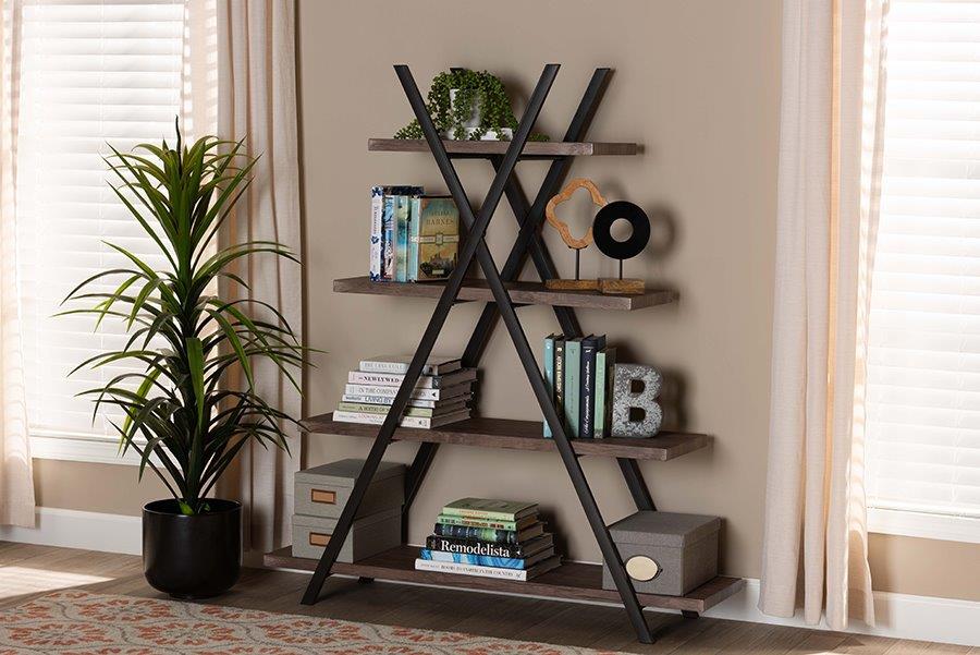 Baxton Studio Fiera Industrial Rustic Walnut Finished Wood And Black Metal 4 Tier Living Room Display Shelf 1stopbedrooms