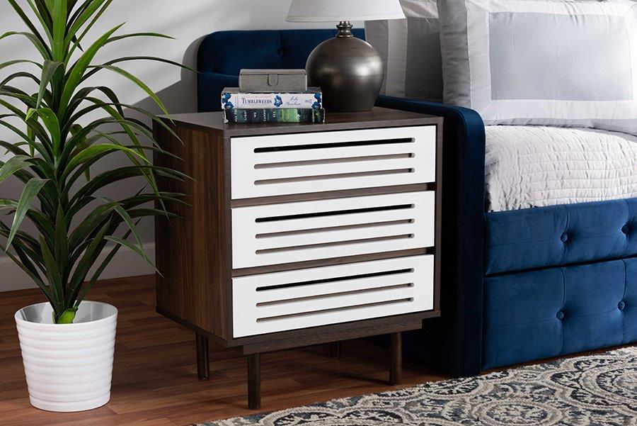 Baxton Studio Meike Mid Century Modern Two Tone Walnut Brown And White Finished Wood 3 Drawer Nightstand 1stopbedrooms