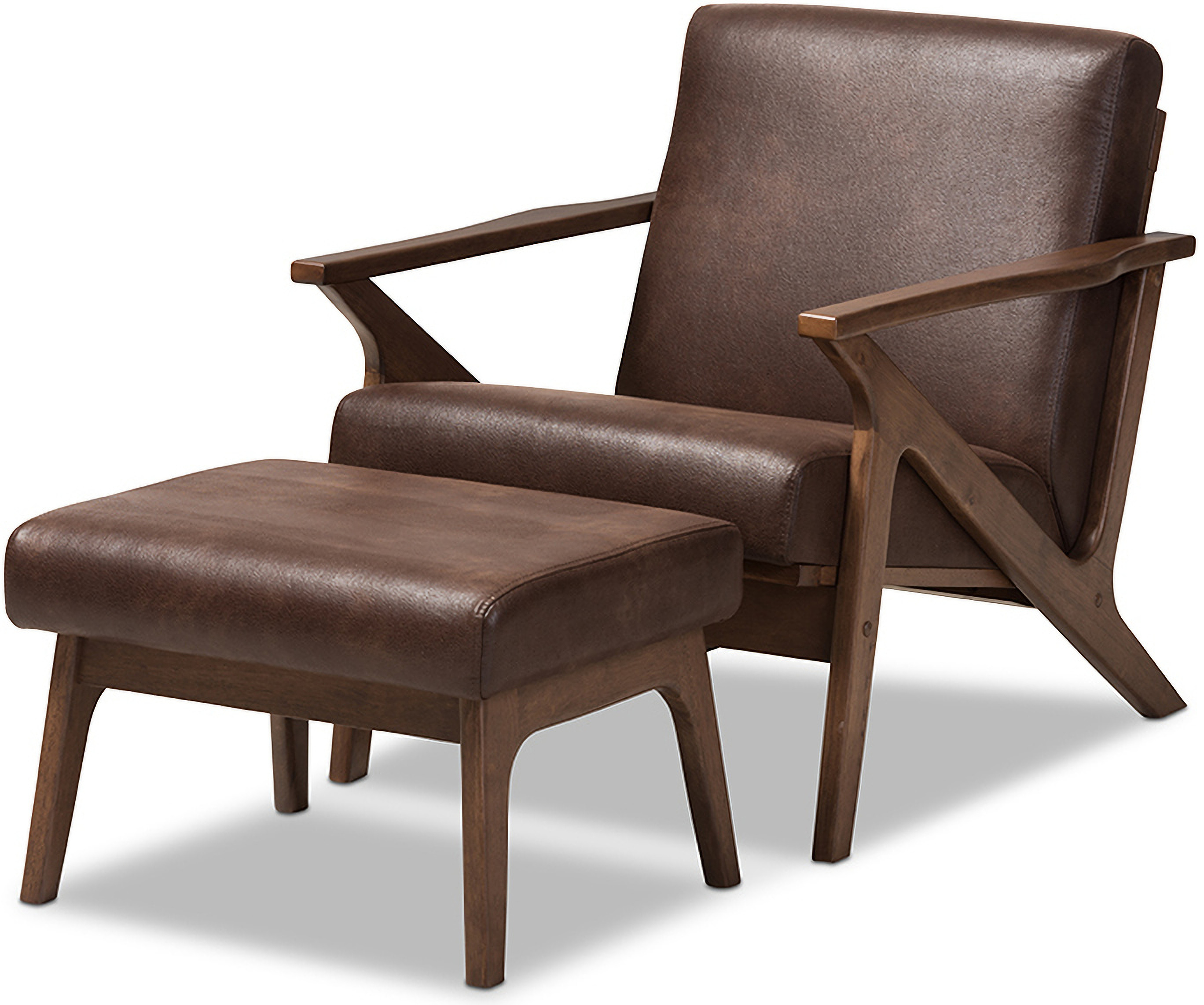 Bianca Mid Century Modern Walnut Wood Dark Brown Distressed Faux Leather Lounge Chair And Ottoman Set 1stopbedrooms